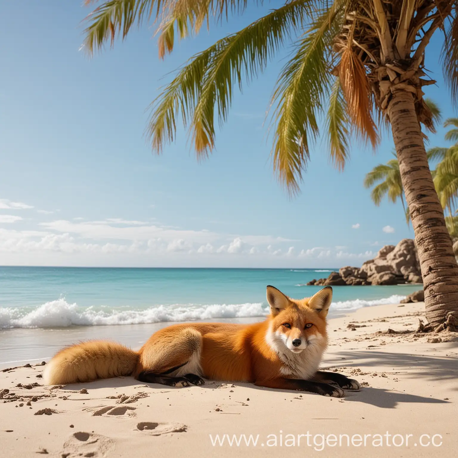 The red fox with a fluffy tail lies on the beach under a palm tree by the sea