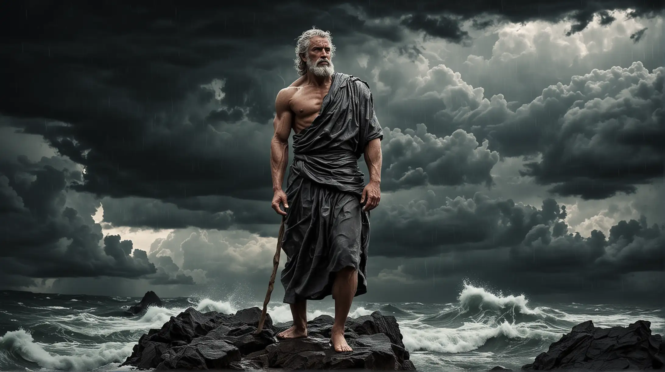 Visualize a stoic philosopher standing tall amidst a storm, embodying resilience in the face of adversity.
Image Description: The image depicts a stoic philosopher, muscular and lean, standing with unwavering strength amidst a tumultuous storm. His expression remains serene and composed, showcasing his resilience and inner fortitude. Dark clouds swirl around him, but he stands firm, symbolizing the stoic ideal of finding tranquility amidst chaos.