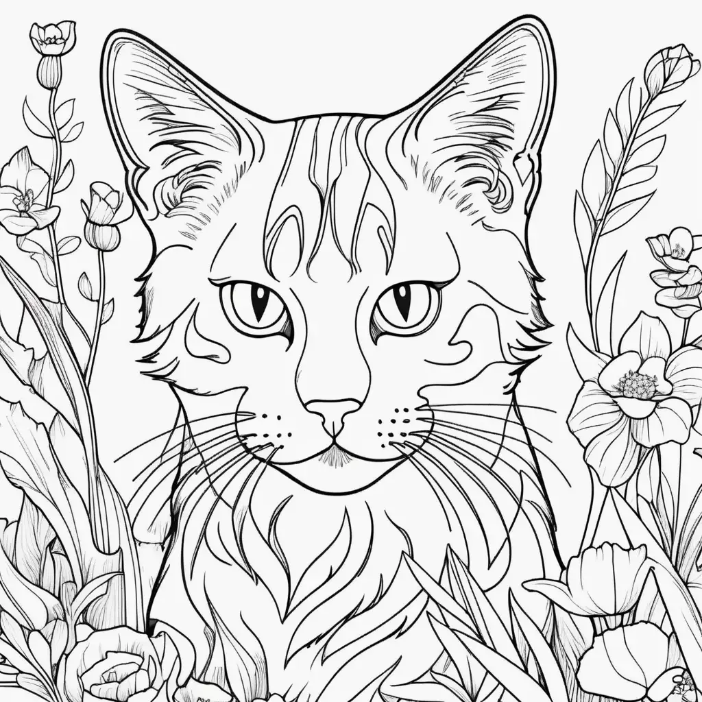 Whimsical Cat Coloring Page for Creative Relaxation