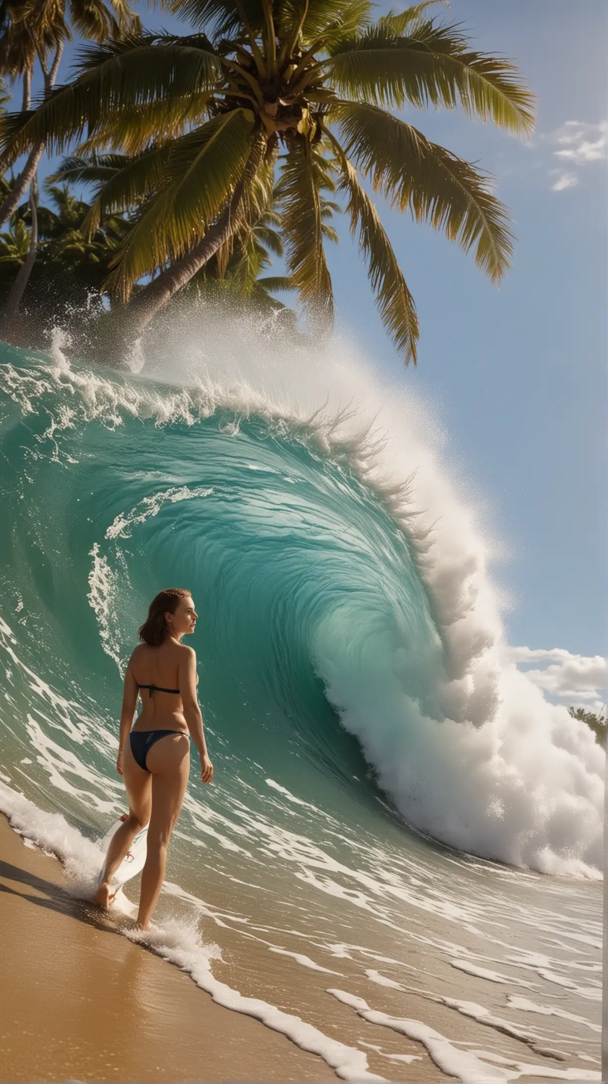 Natalie Portman, en gros plan ,nue sous un maillot de bain brésilien, elle fait du surf, elle est dans le tube d’une vague énorme, ambiance hawaï, ciel bleu à peine nuageux, grand soleil, plage, cocotiers, paillottes,  photographie, réaliste