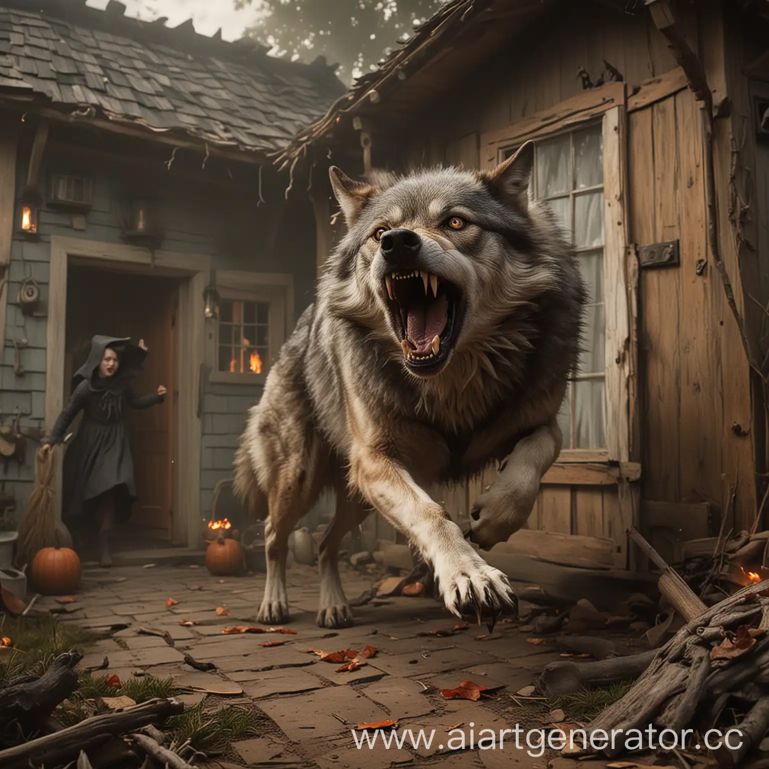 Огромный волк, выбегающий из дома и атакующий ведьму.
