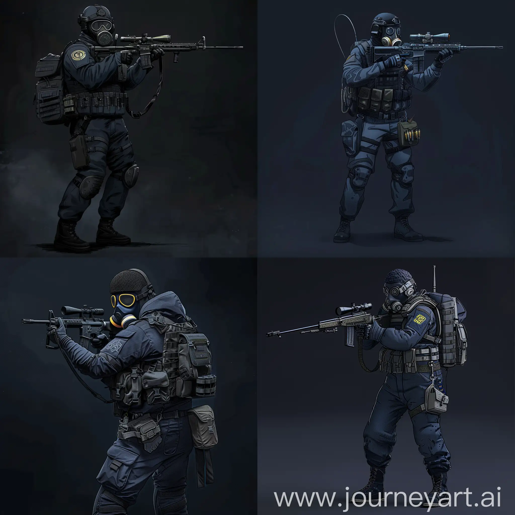 Mercenary in dark blue uniform, gasmask, sniper rifle in his hands, a small backpack on his back.