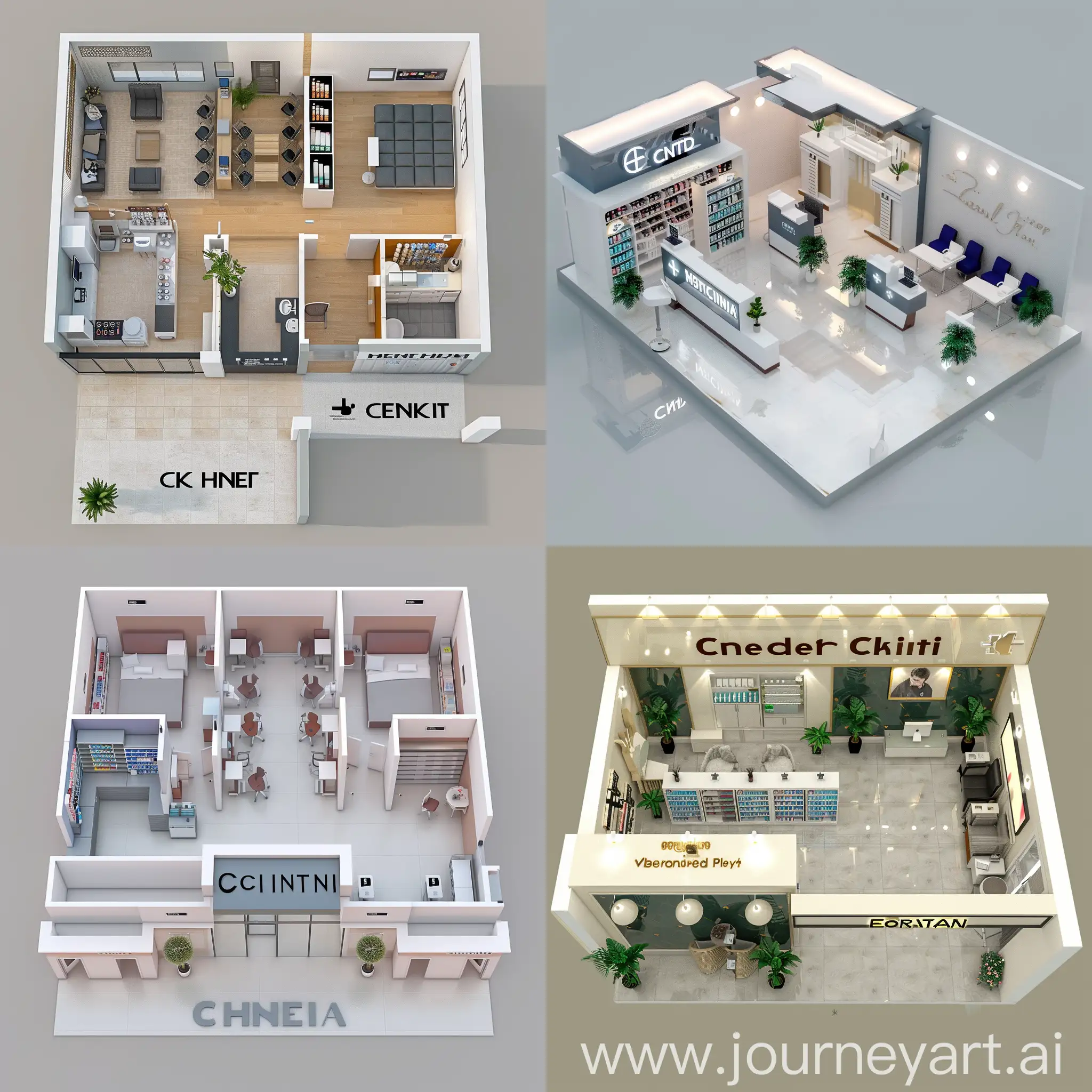 Generate a decent layout of medical clinic in a hall of 17 feet width by 37 feet length, it contains a smart pharmacy of 8 feet long and 6 feet wide on left side of entrance 