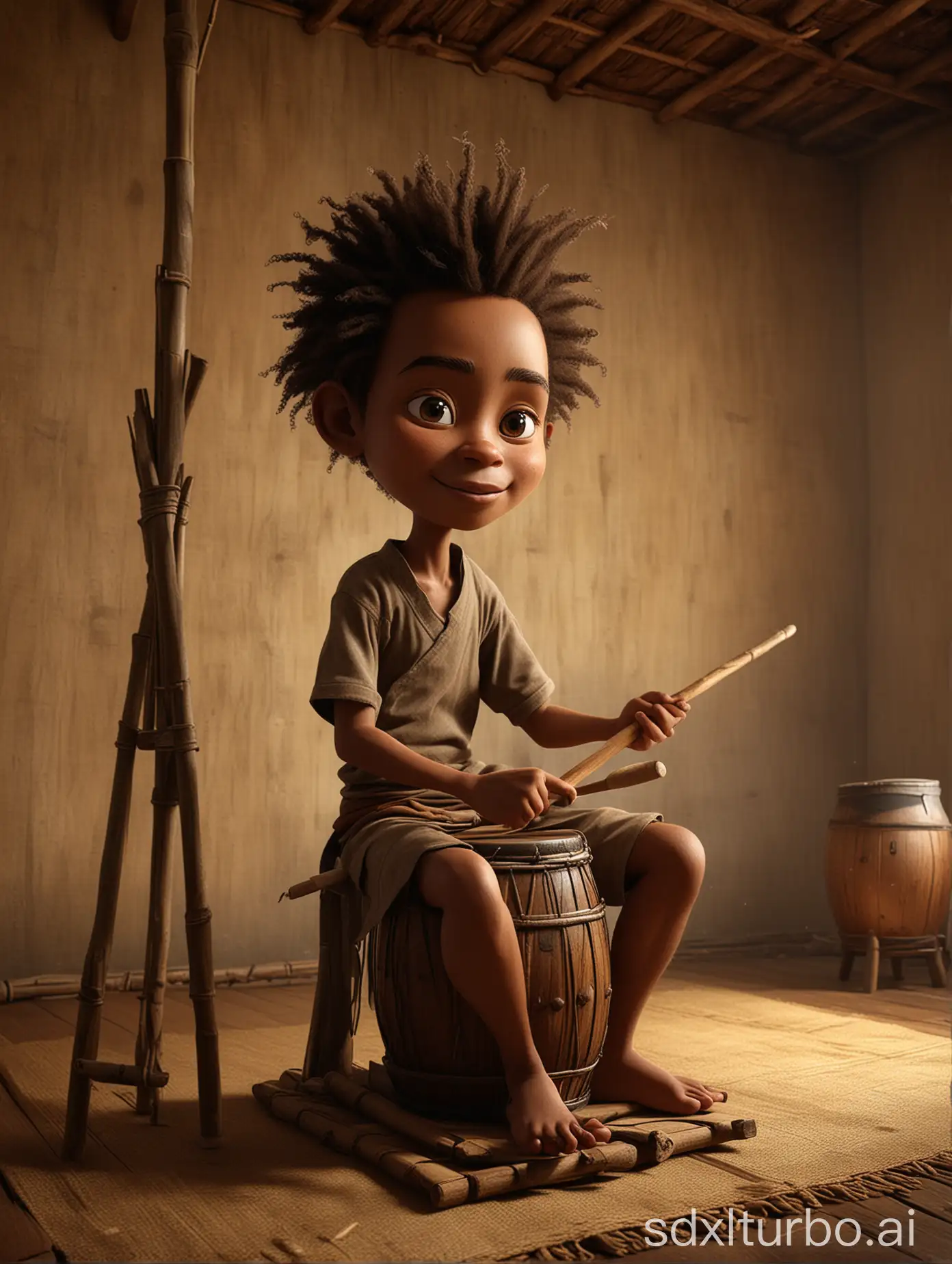 Create a realistic 3D cartoon style full body caricature with a big head. A young Indonesian Papuan people swirl hair man is sitting in an old wooden stake playing an traditional drum facing the camera. In front of him you can see a clear glass containing a black liquid like coffee which is placed on an old brown wooden stake. Beside him there was a young woman sitting enjoying the song. A soft silhouette of light from above illuminates the young man who is busy playing the traditional drum. Dramatic lighting adds to the beauty of the atmosphere in the traditional bamboo rooms. Use soft photography lighting. Light from above, from behind, UHD, HD, high quality image.
