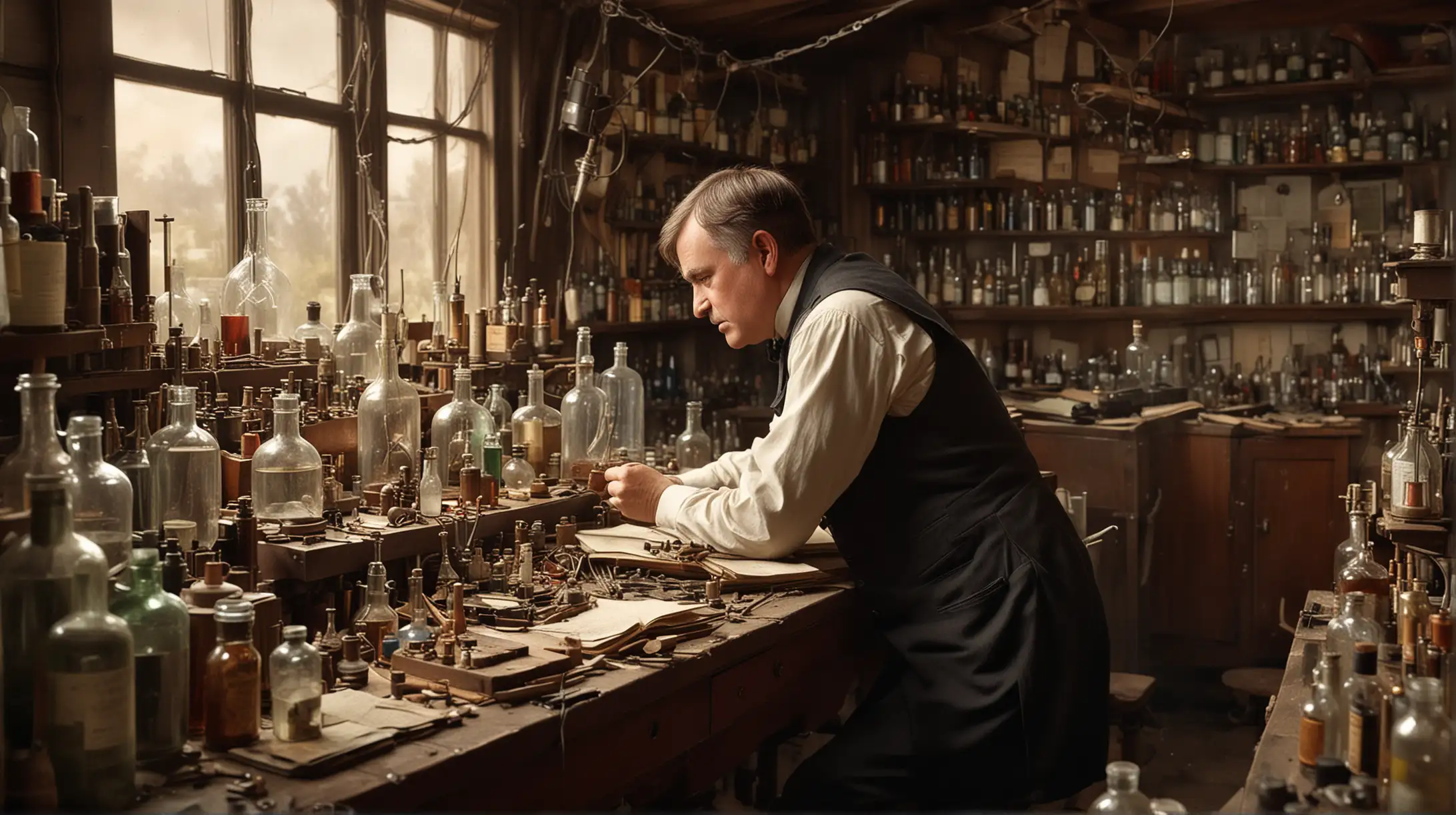 General Visualization: Illustrate Thomas Edison experimenting in his first lab.
Detailed Image Description: Generate a detailed scene of Thomas Edison in his early twenties, conducting experiments in his rudimentary lab inside a train car. The image should show him amidst a clutter of telegraph parts, chemical bottles, and a small workbench, capturing his dedication and curiosity.