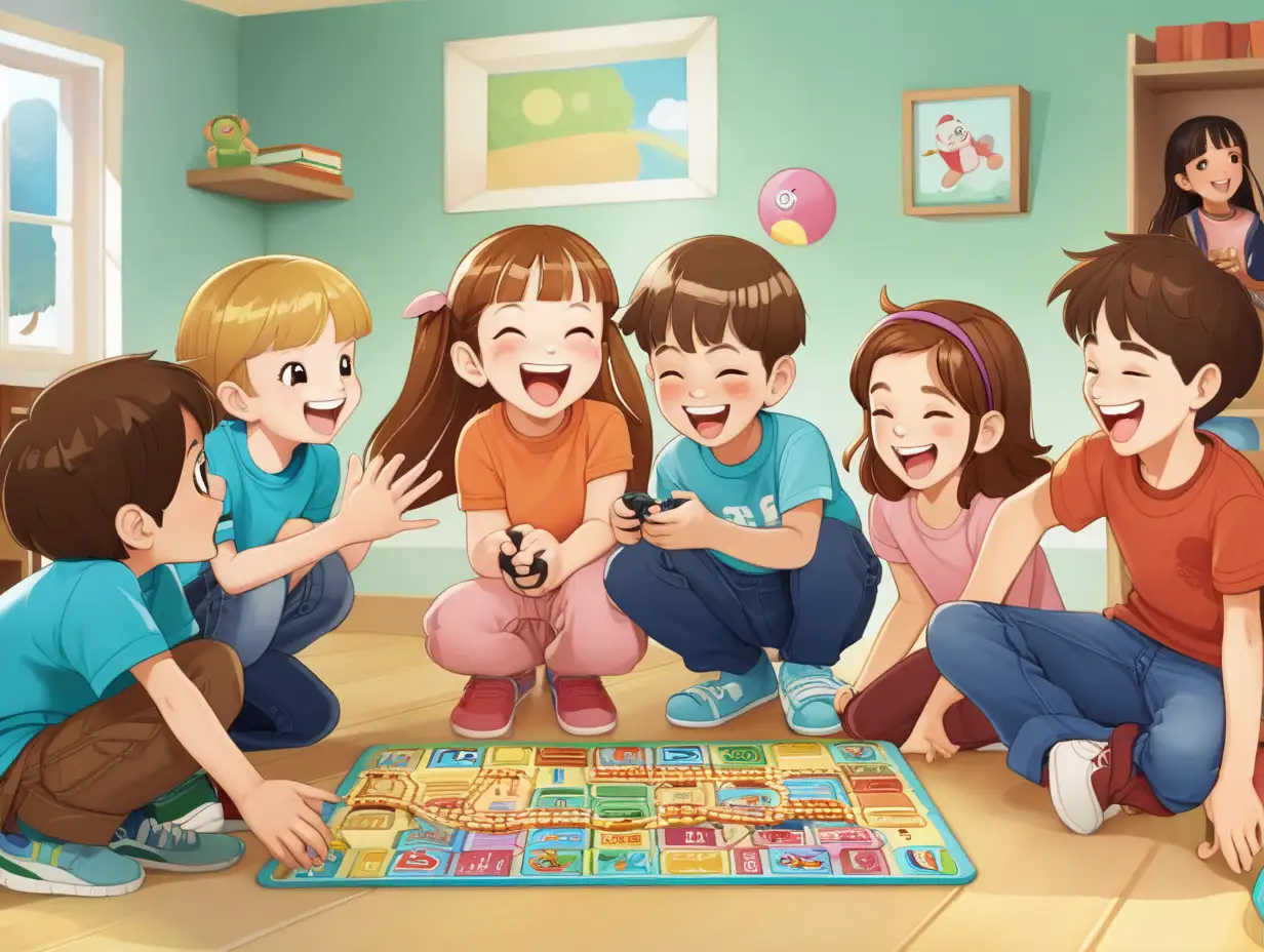 A group of children playing games inside laughing and smiling 
