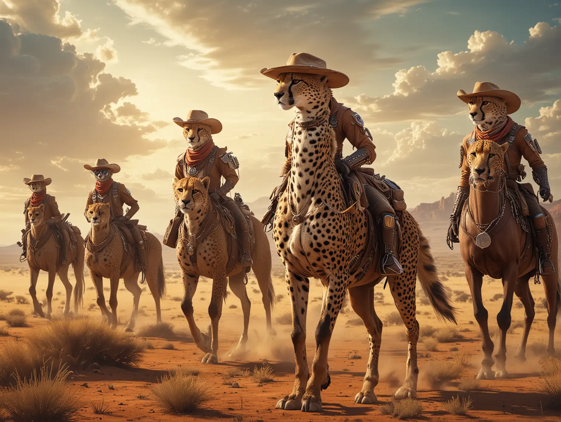 a futuristic group of cheetah-human cowboys with cowboy hats on cyber horses.
The background is savanna with cyber lions.
