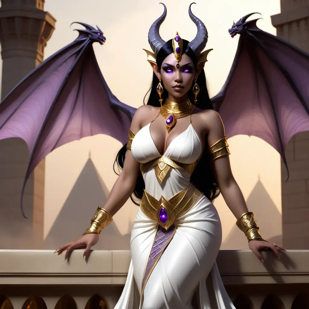 Fantasy Female Gargoyle in Egyptian Princess Style Gown with Gold Jewelry and Dragon Wings