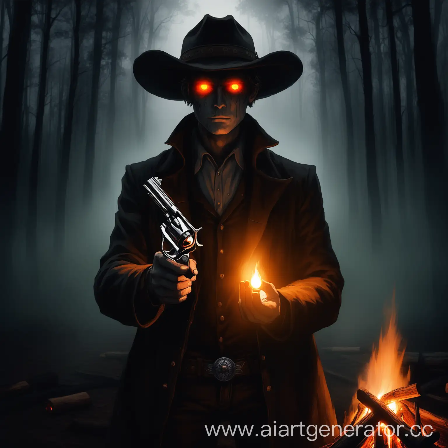 cowboy in half turn glowing eyes in hand revolver pale face beautiful on the background dark forest fog light from campfire on face