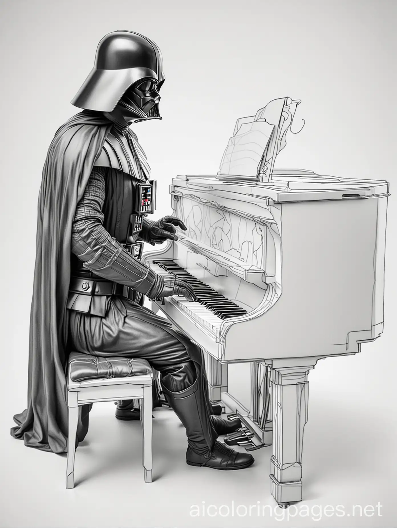 Darth vader playing a piano , Coloring Page, black and white, line art, white background, Simplicity, Ample White Space. The background of the coloring page is plain white to make it easy for young children to color within the lines. The outlines of all the subjects are easy to distinguish, making it simple for kids to color without too much difficulty