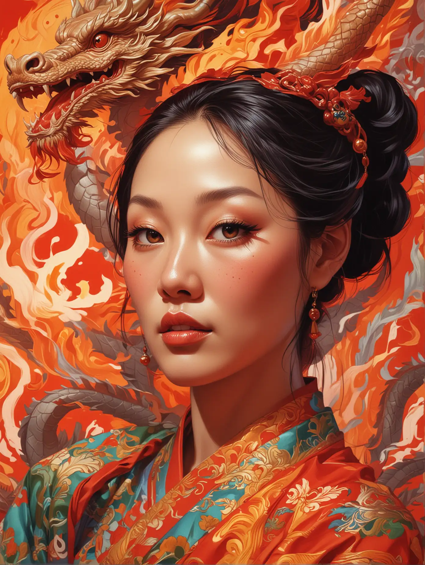 Colorful-Illustration-of-a-Chinese-Woman-Embraced-by-Flames-and-Dragons