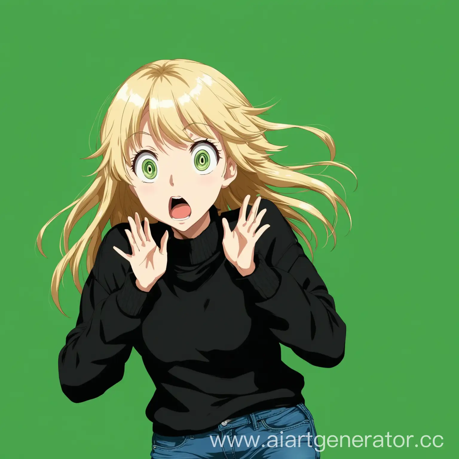 Surprised-Anime-Blonde-Girl-in-Black-Sweater-and-Jeans-on-Green-Background