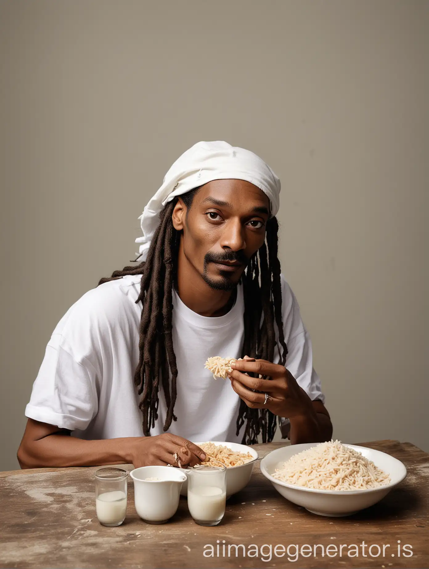 snoop dog long dreadlock hair eating rice wearing blank white tshirt