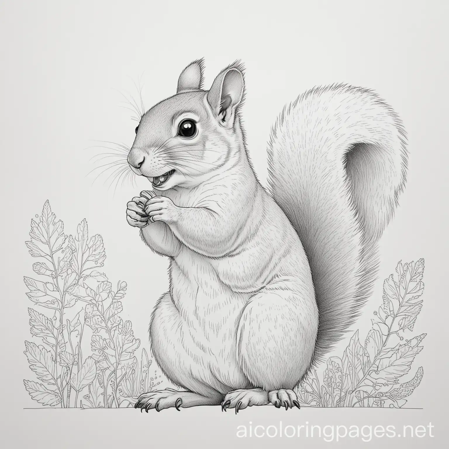 happy squirrel 
, Coloring Page, black and white, line art, white background, Simplicity, Ample White Space. The background of the coloring page is plain white to make it easy for young children to color within the lines. The outlines of all the subjects are easy to distinguish, making it simple for kids to color without too much difficulty