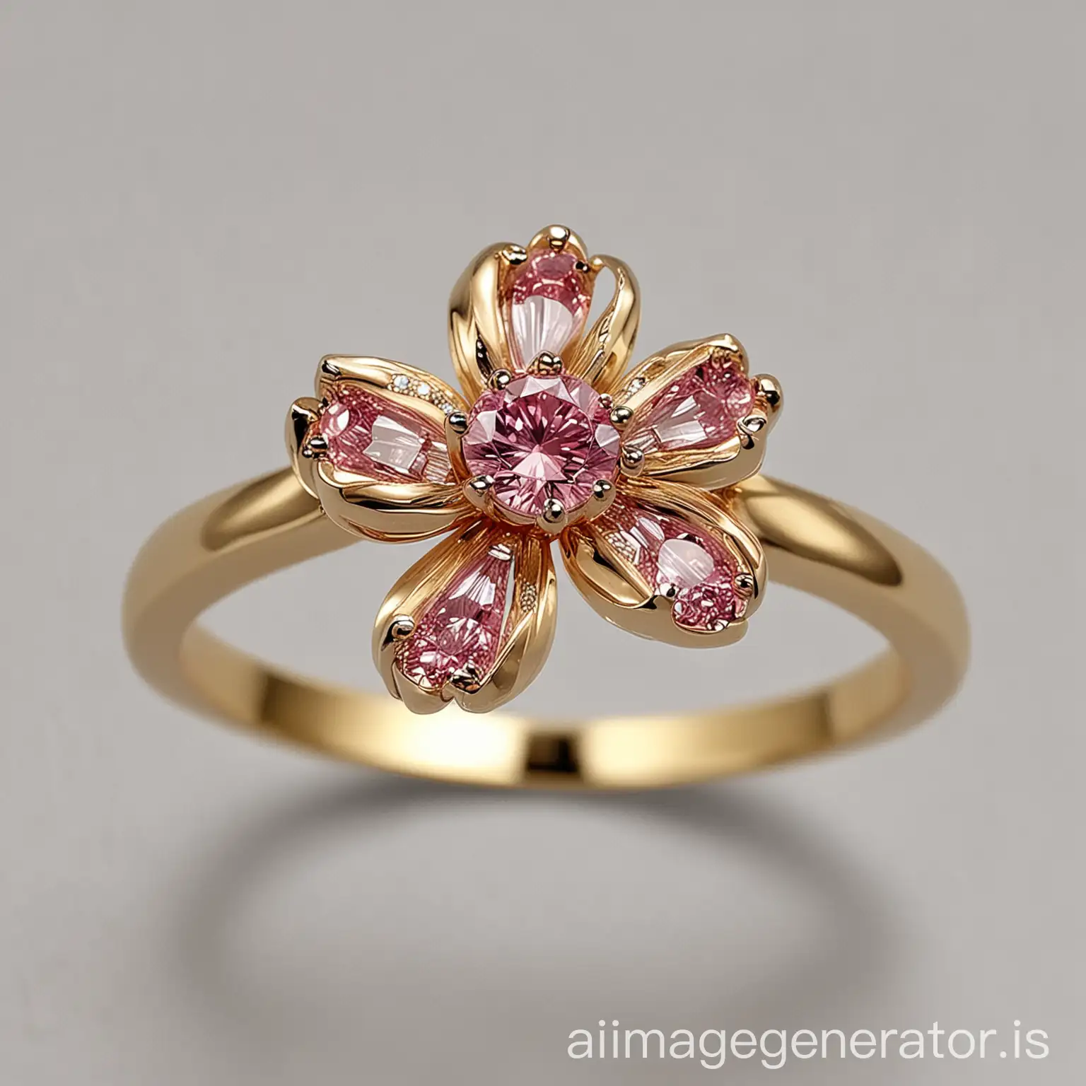 a woman gold ring with only 1 round shape pink diamond, the ring face is a solid flower shape
