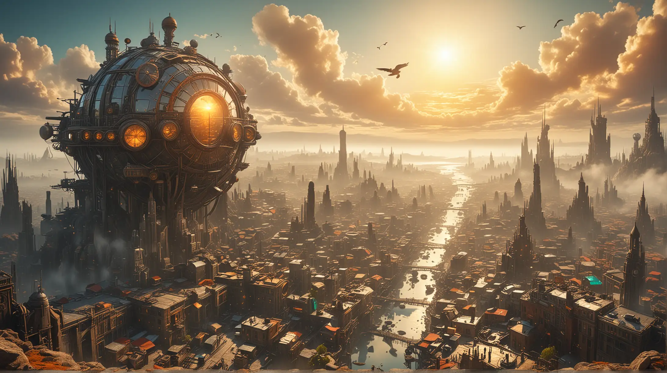 a steampunk city made of stone, glass and stell on another planet, big sun, fog, bright colors, bird's eye view