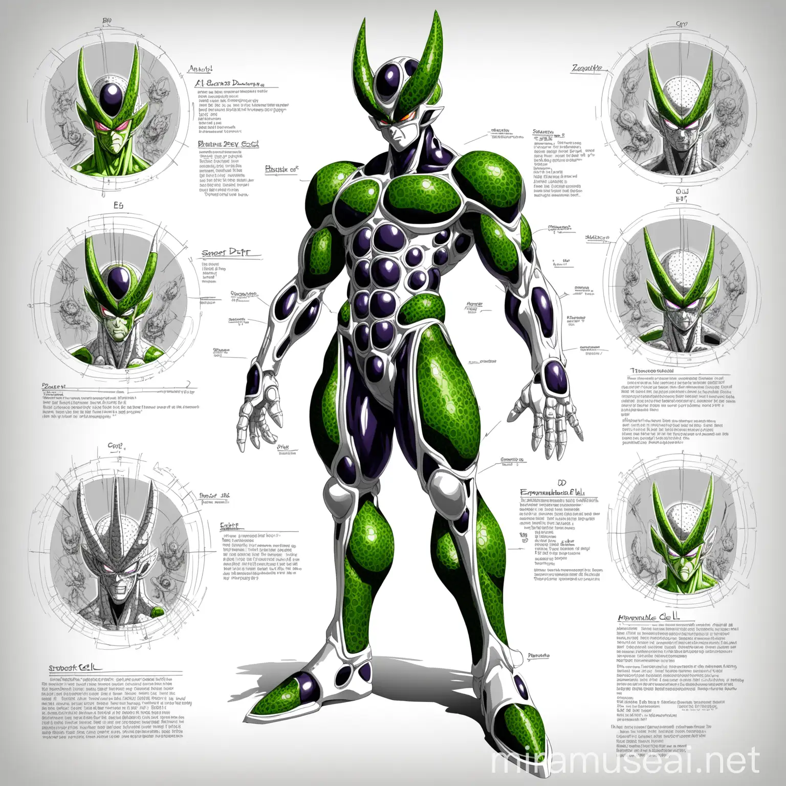 This character design draft depicts Perfect Cell, a formidable antagonist from the Dragon Ball manga series. The black and white line draft intricately showcases the complex structure of Perfect Cell's physique, including his sleek exoskeleton, sharp features, and biomechanical elements. The 3D display effect adds depth and realism to Perfect Cell's appearance, allowing viewers to appreciate the intricacies of his design from different angles. The design drawings provide detailed schematics of Perfect Cell's anatomy, highlighting key features and proportions with precision. Against a white background, Perfect Cell stands out prominently, exuding an aura of power and menace. Annotations accompany the draft, indicating specific measurements and details to ensure accuracy in the portrayal  