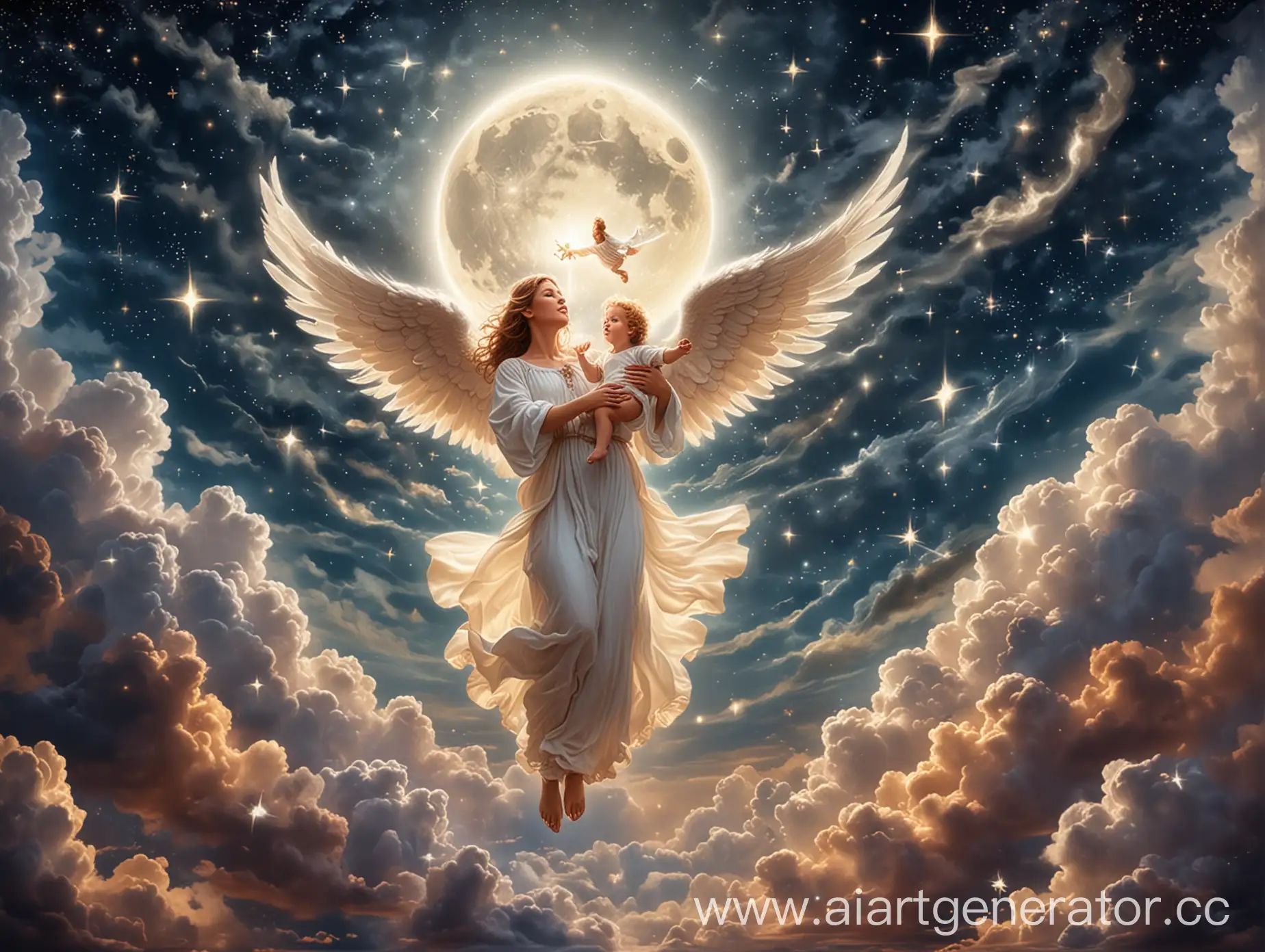 Ангел летит в небе и держит маленького ребенка на руках, светят звезды, горит месяц, облака