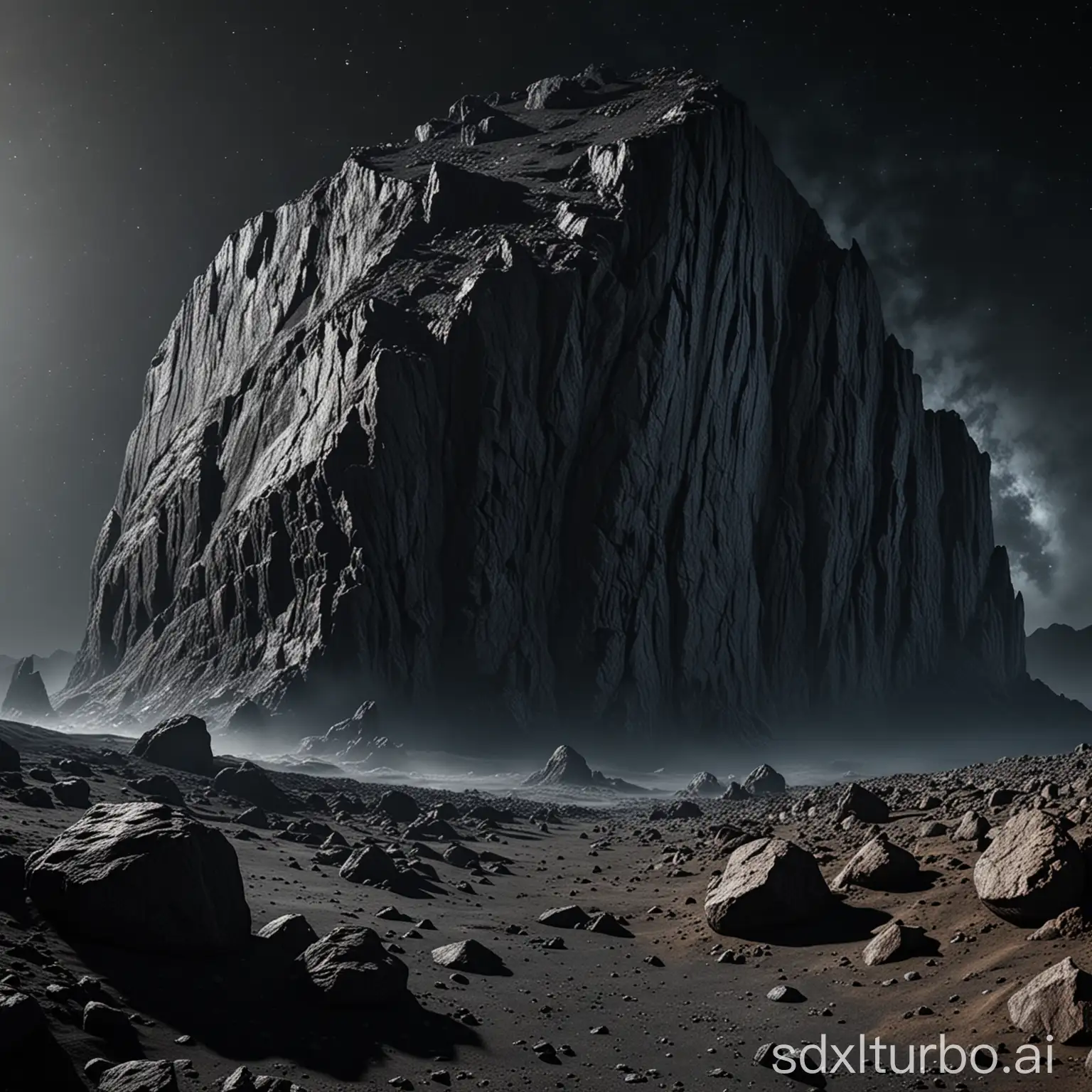 a realistic  big rock cliff on a dark Asteroid
