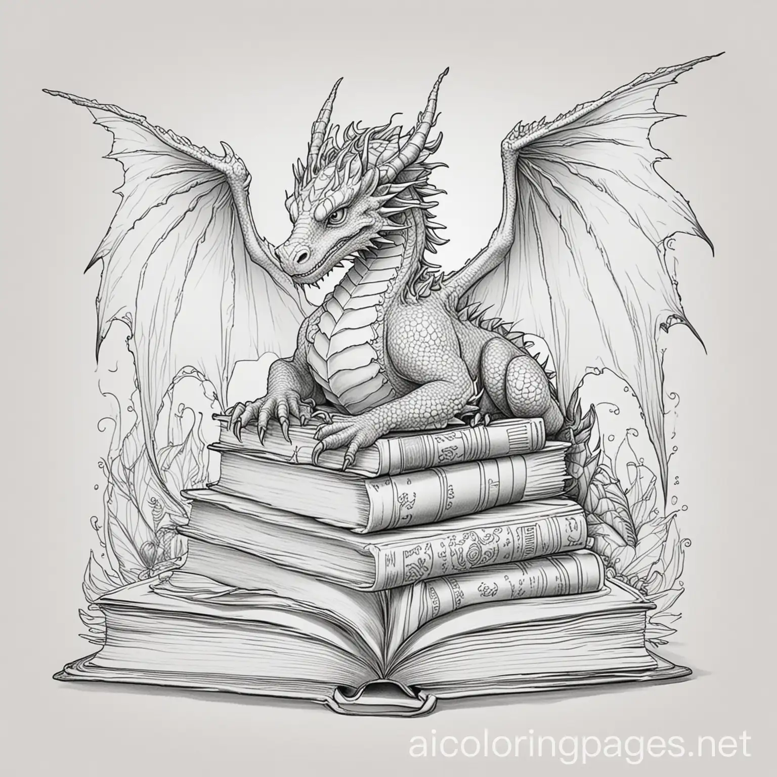 Dragon-Wings-Stack-of-Books-Coloring-Page