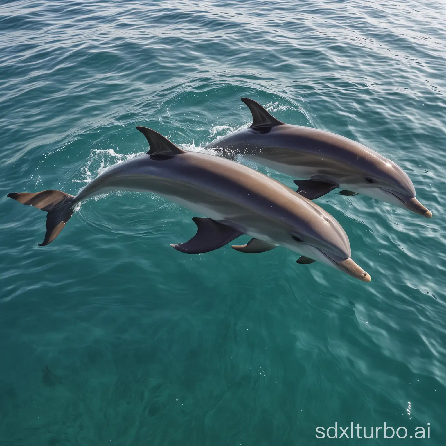 Dolphins swim in the sea.