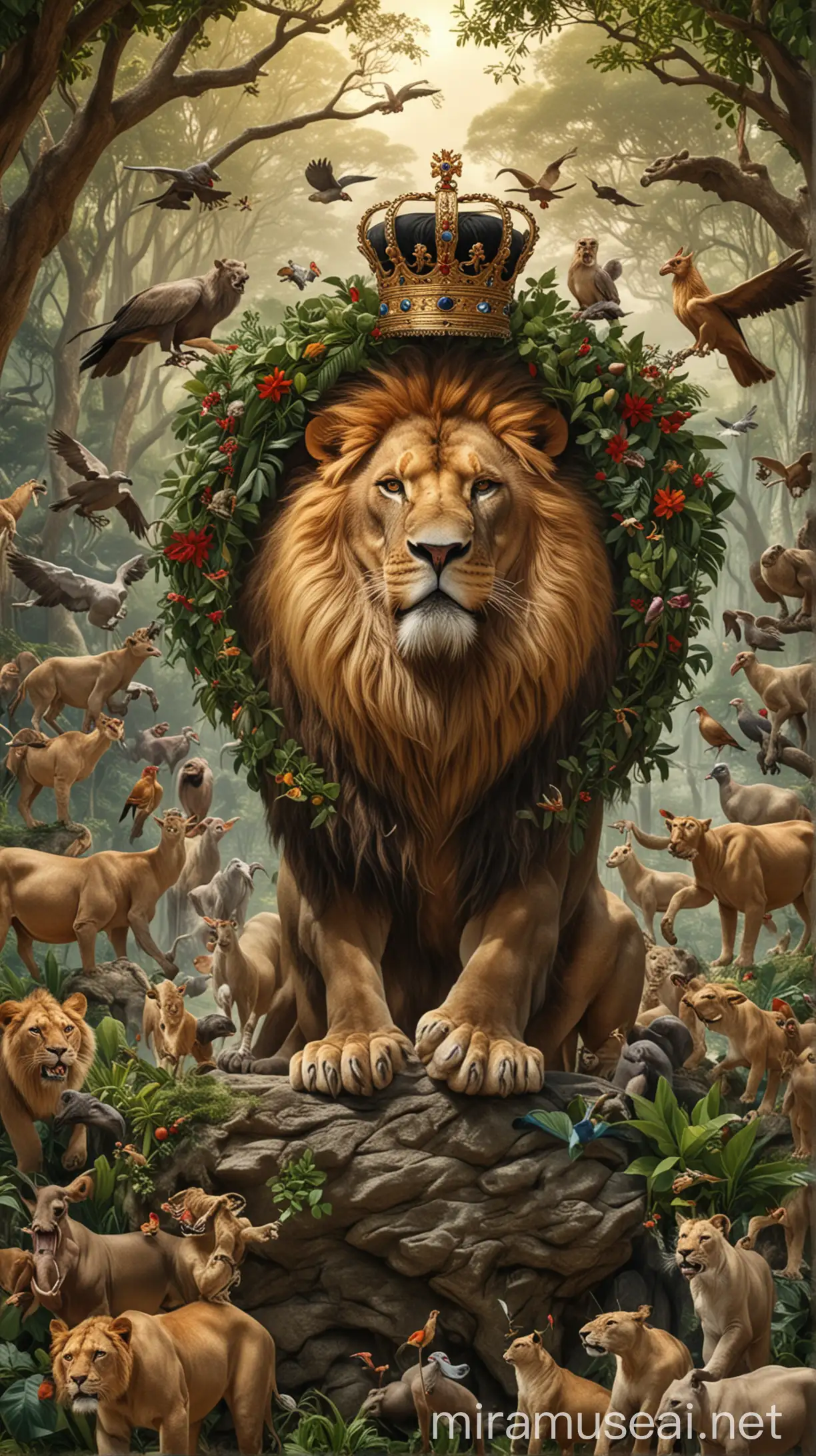 The main lion wearing a crown is roaring and all the animals including elephants, tigers, deer, horses, goats, hippos bow down to respect the main lion, with a tropical forest in the background during the day and there are birds perched on tree branches