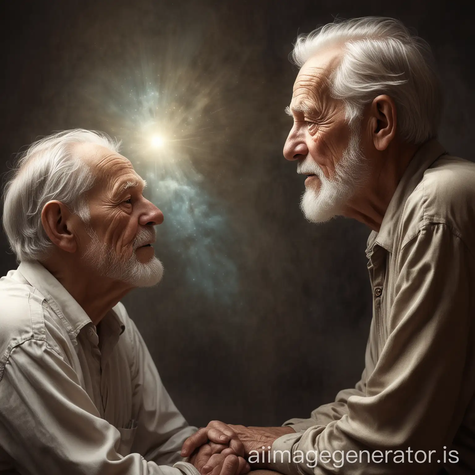 A man named Dream, talking to an old man, Dream is glowing from the head, a realistic image, Dream looks wise