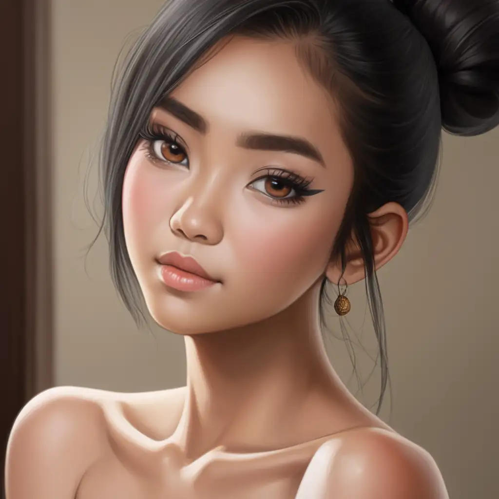 Stunning Indonesian Woman with Intricate Facial Details and Traditional Hair Bun