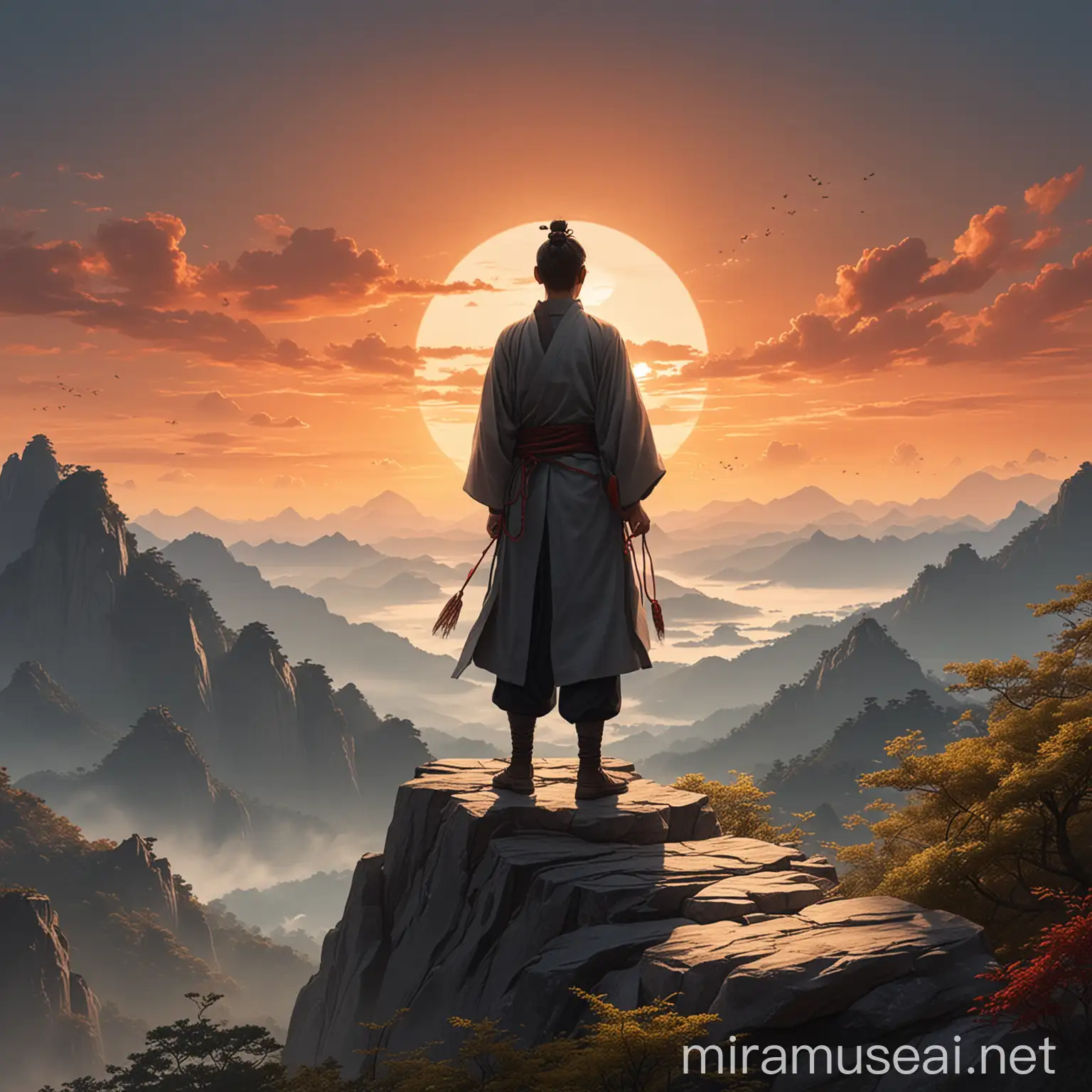 画一个帅气男道士在山顶上夕阳下的背景图