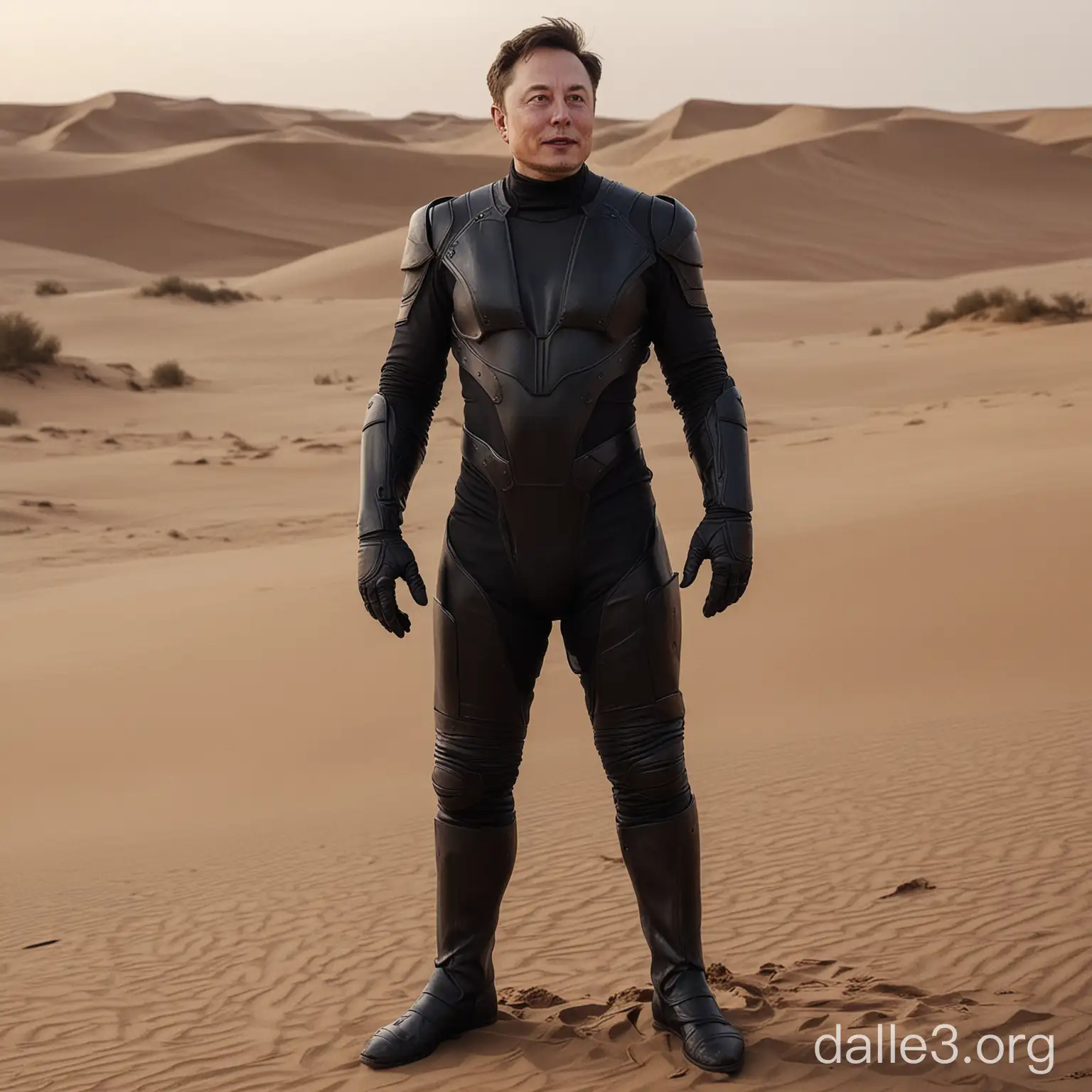 Elon Musk in black stillsuit (like in the film "Dune")