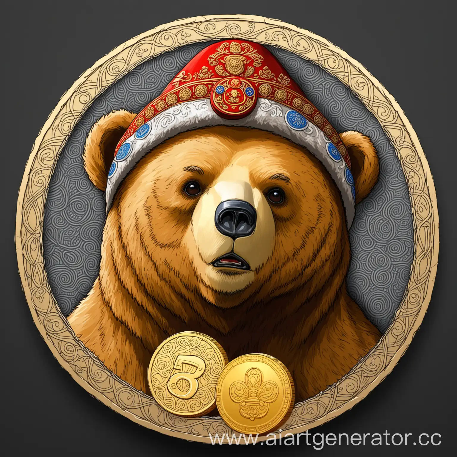 Draw a round coin and in it a bear in a Russian hat with earflaps. And make a coin without inscriptions, and patterns on the sides and without a background