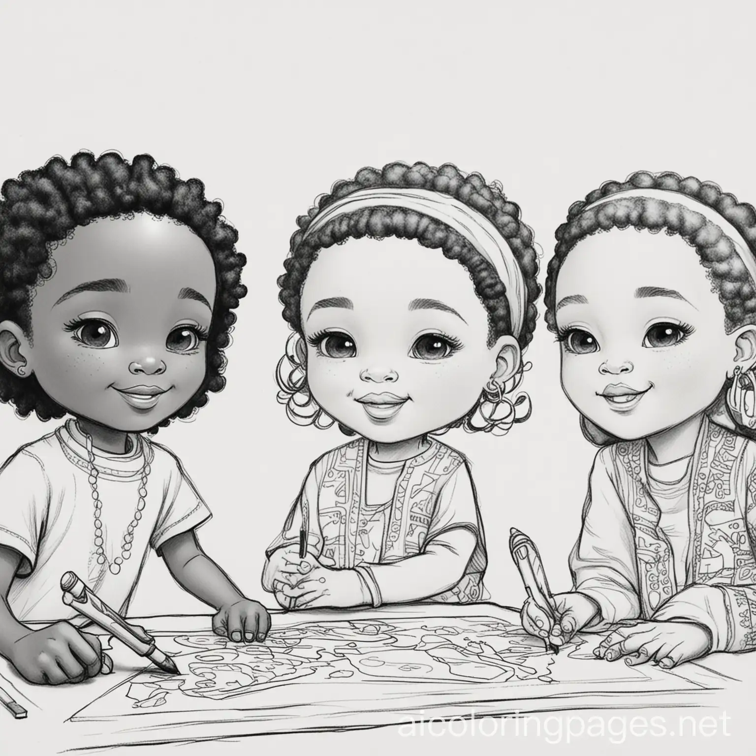 african america kids playing, Coloring Page, black and white, line art, white background, Simplicity, Ample White Space. The background of the coloring page is plain white to make it easy for young children to color within the lines. The outlines of all the subjects are easy to distinguish, making it simple for kids to color without too much difficulty