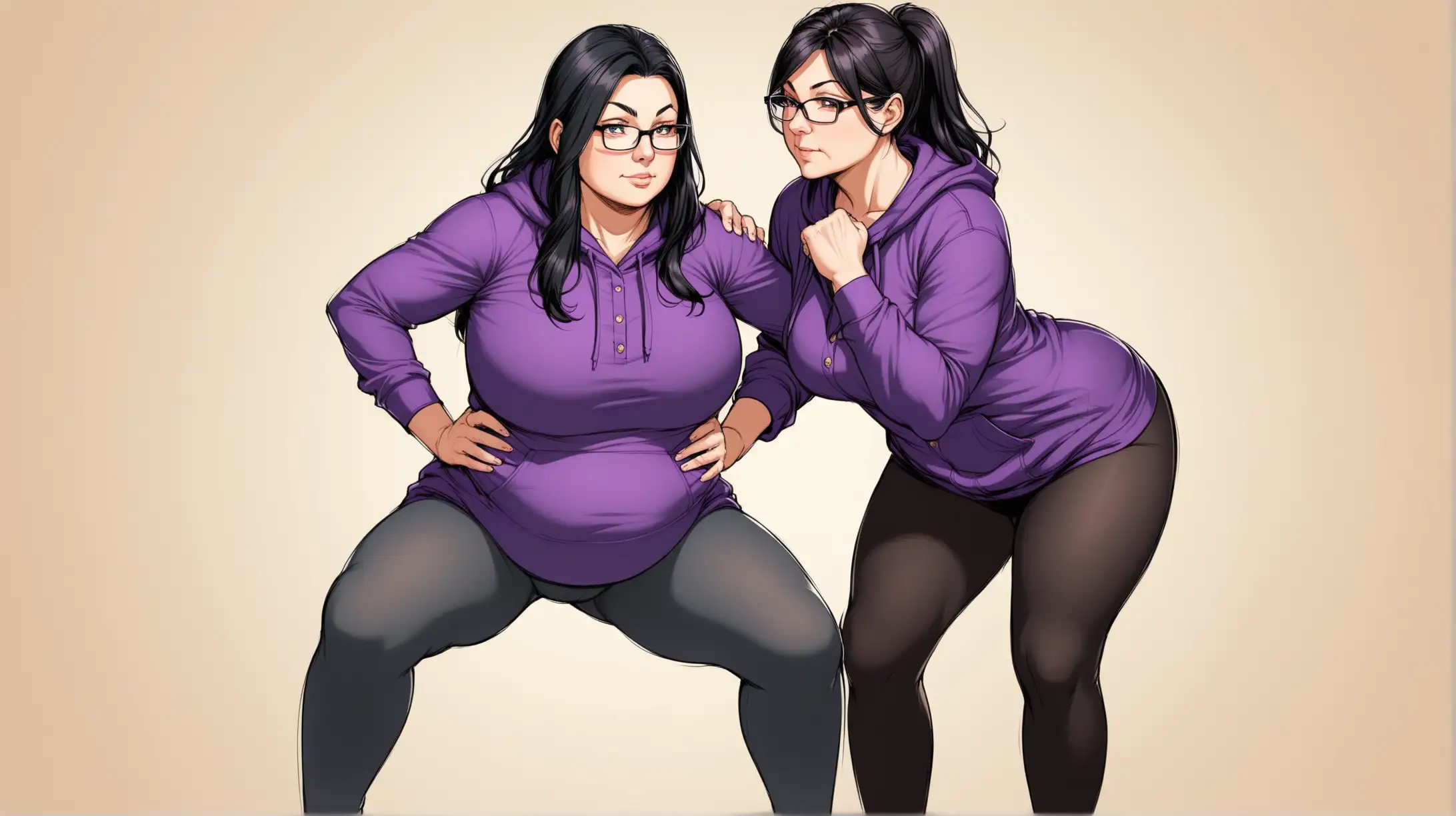 Mature, Curvy, Beautiful Raven Haired Woman, Glasses, wearing an untucked Purple, Stretch Button Down Shirt, Gray Pantyhose, Hands on Hips, Back Straight, doing Squats with her teen step daughter, who wears a dark hoodie, with tight black leggings.