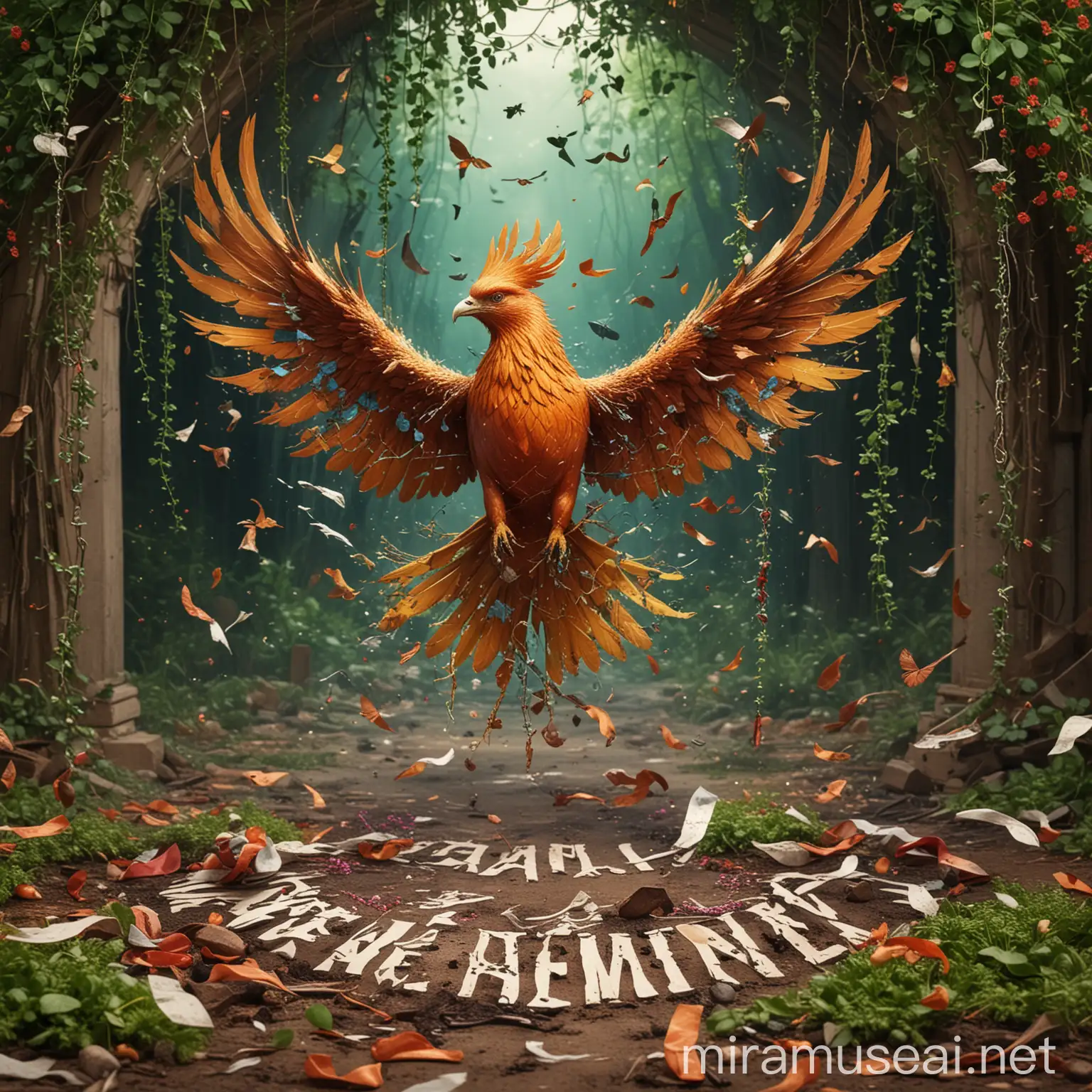 Phoenix Rising from Ashes Symbolic Rebirth with Helping Hands and Inspirational Message