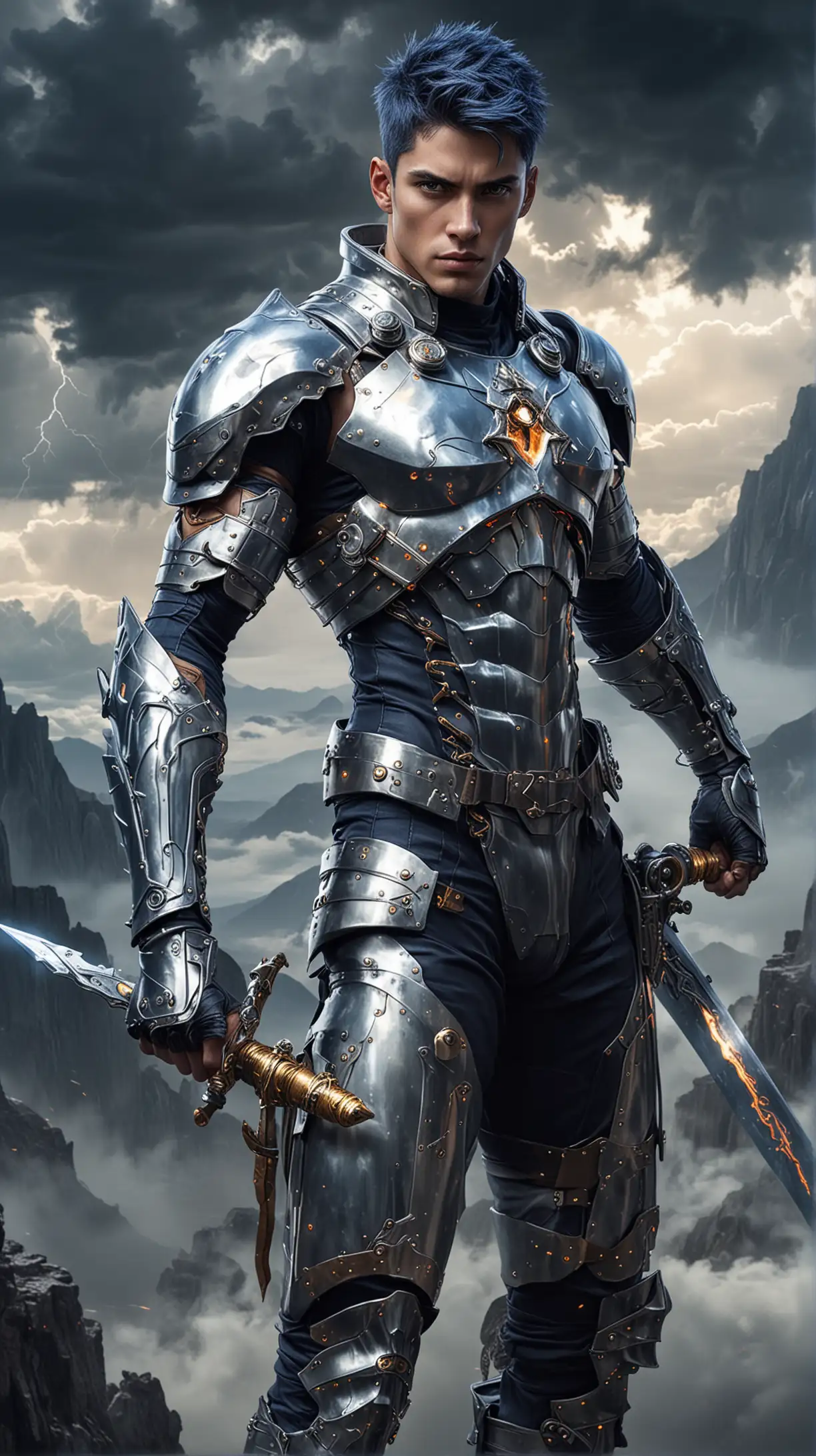 A handsome shirtless male futuristic knight with short navy blue hair, glowing eyes, and shiny leg armor whose steampunk inspired left arm is made of silver. His silver left arm is holding a magic sword high and gathering lightnings like a futuristic thunder god at the mountain top above the clouds

