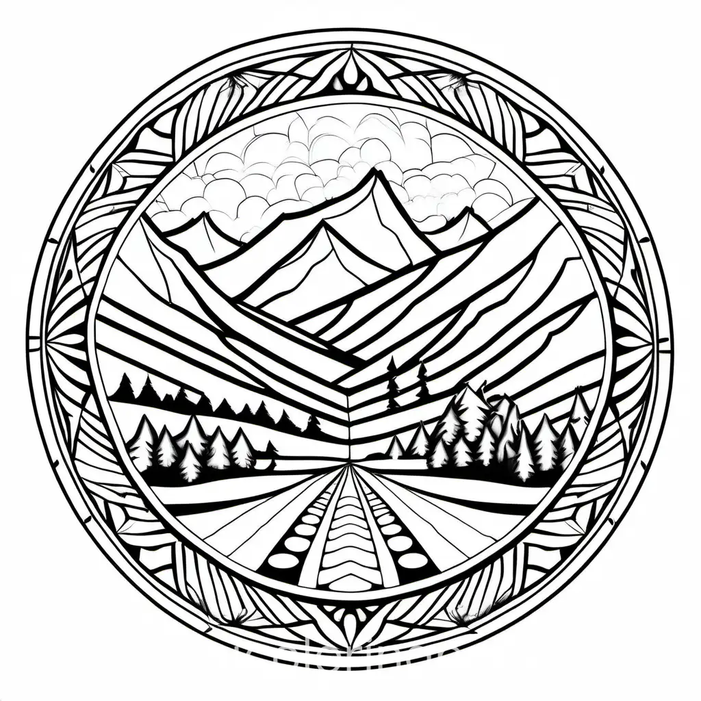 Mountain Serenity Mandala, Coloring Page, black and white, line art, white background, Simplicity, Ample White Space. The background of the coloring page is plain white to make it easy for young children to color within the lines. The outlines of all the subjects are easy to distinguish, making it simple for kids to color without too much difficulty