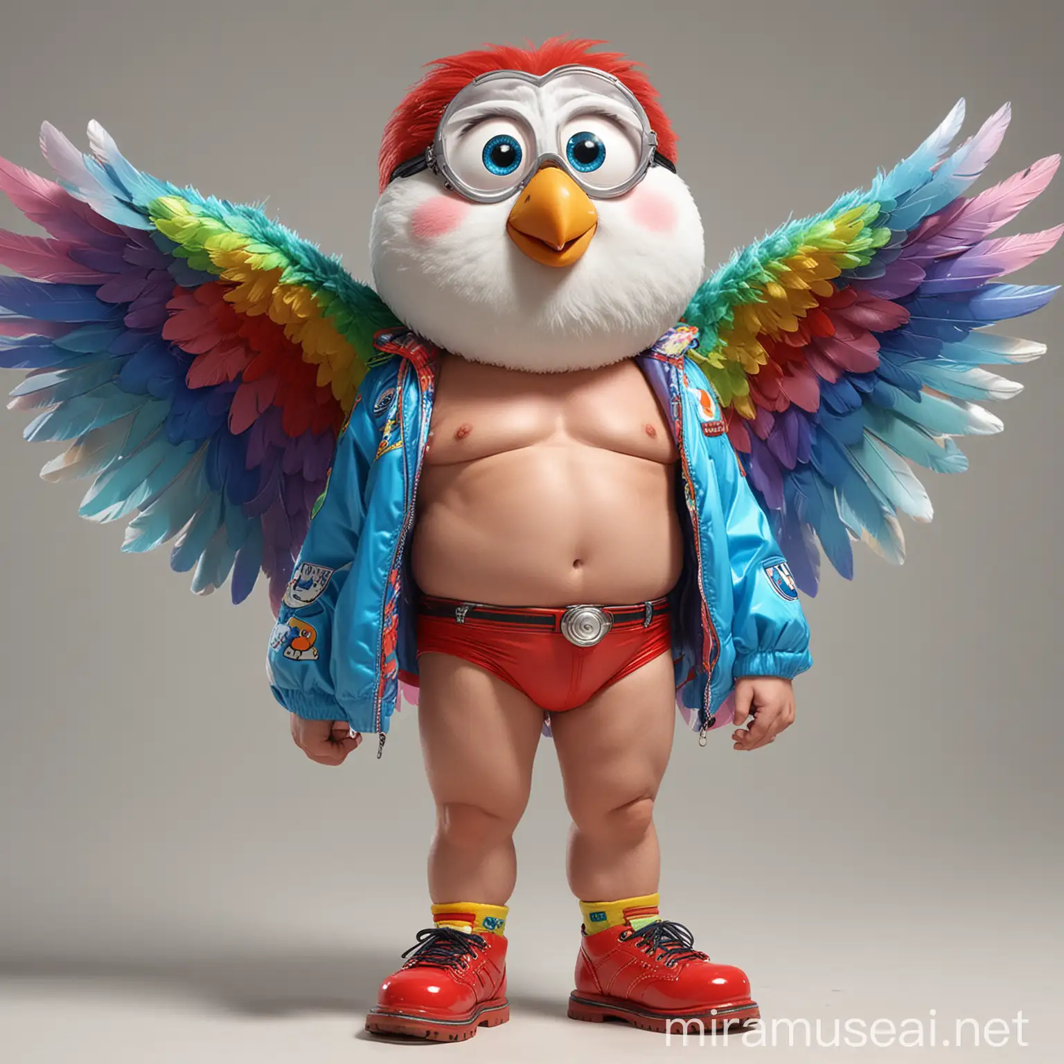 40s Bodybuilder Flexing with Rainbow Eagle Wings and Doraemon Goggles