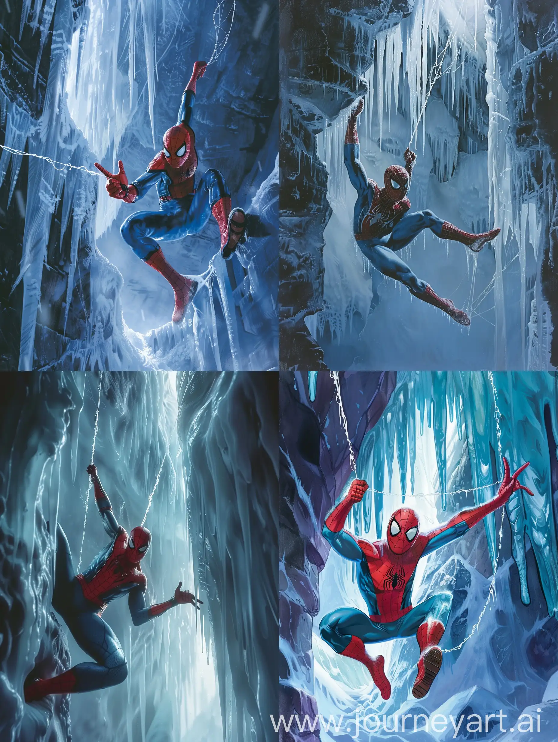 spider man, hanging in a spider thread inside an icy room, the ice covers the walls and the floor and the ceiling