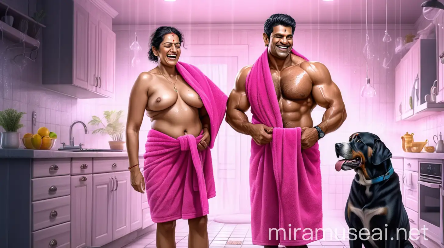 a 23 years indian muscular man is standing with a 49 years  indian mature fat woman   . both are wearing wet neon pink bath towel and   in a kitchen ,and are happy and laughing. and a  big dog is near them. they are in a big luxurious farm house . its night time and lights are there. its raining .