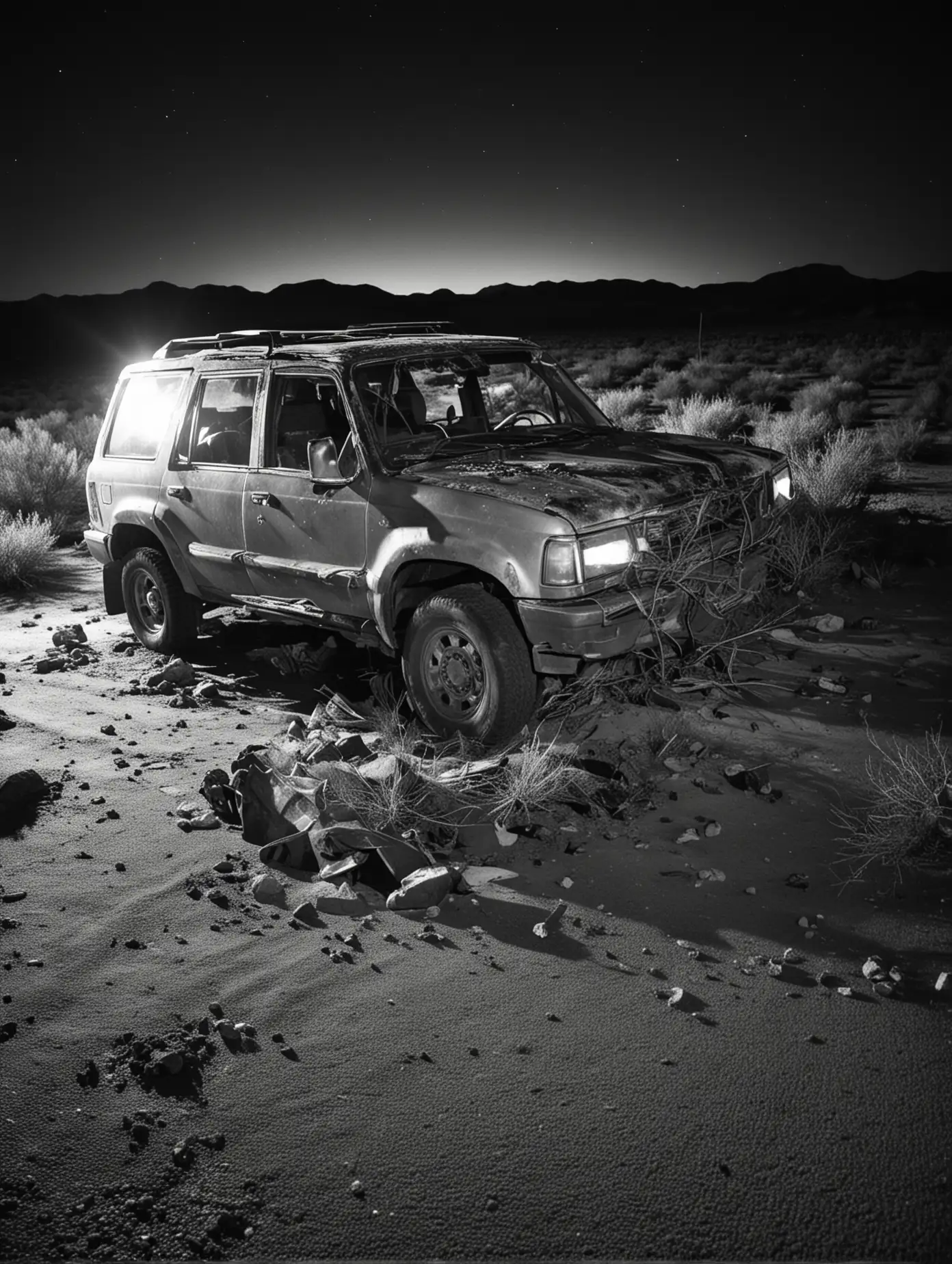 Abandoned SUV Wreck in Desert Night Eerie Black and White Photograph