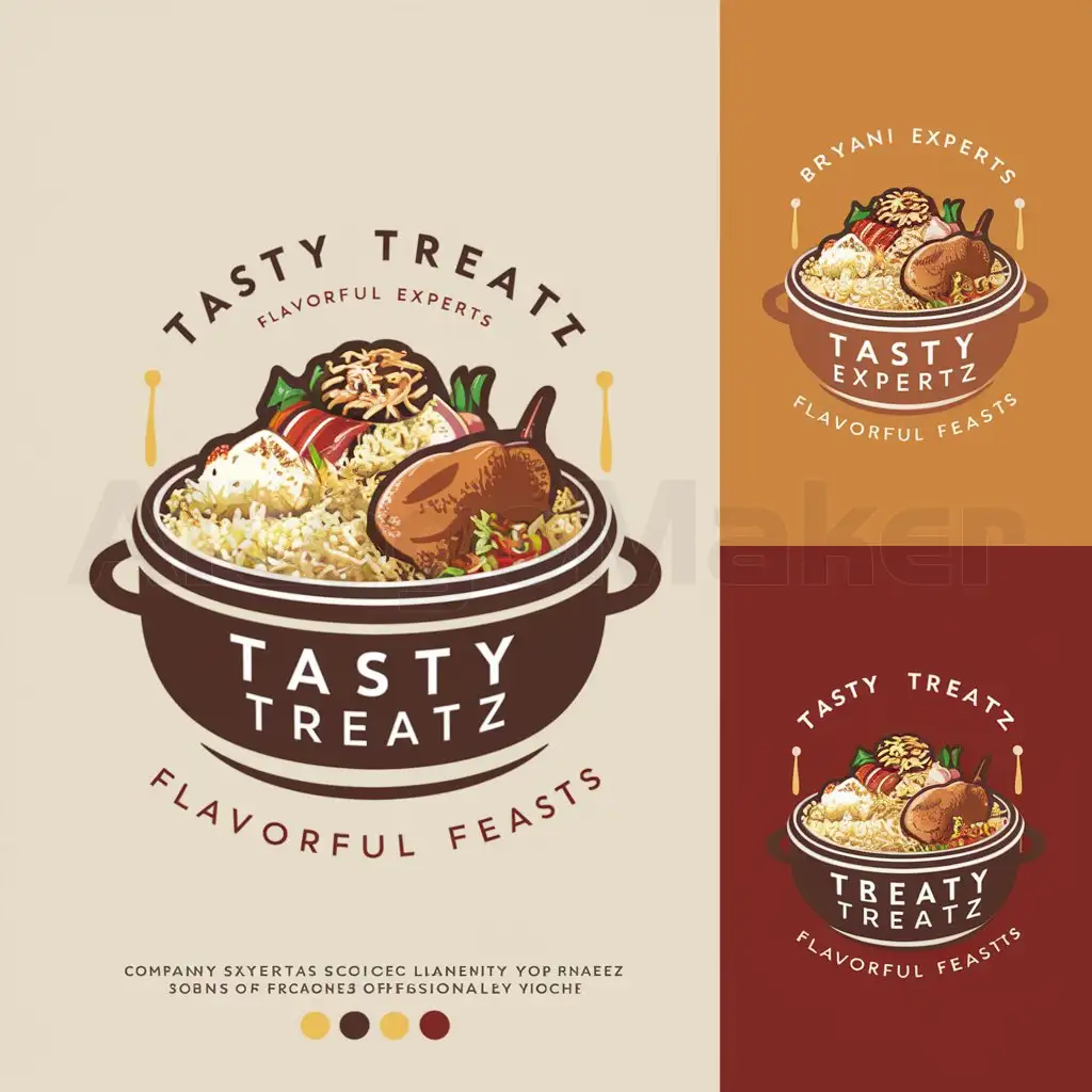 a logo design,with the text "TASTY TREATZ", main symbol:Logo Prompt: Tasty Treatz - Briyani ExpertsnCompany: Tasty TreatznnProduct: Briyani (focus on this dish)nnStyle:nnModern and friendlynAppetizing and invitingnClean and professionalnnKey elements:nnA prominent illustration of a delicious-looking Briyani dish.nConsider including elements like fluffy rice, colorful spices, tender meat (chicken, lamb, or vegetables), and maybe even a garnish like fried onions or cashews.nThe company name 'Tasty Treatz' incorporated in a clear, legible font.nYou can explore options with or without a tagline, such as 'Briyani Experts' or 'Flavorful Feasts'.nnAdditional considerations:nnUse a color palette that evokes warmth, spice, and deliciousness. Think saffron yellow, earthy browns, rich reds, and pops of green.nThe logo should be versatile and work well in different sizes and applications (website, packaging, etc.).nnOptional elements:nnA subtle illustration of a pot or serving dish could be included.nPlay with the concept of 'treat' by incorporating a happy food character or a celebratory element.,complex,be used in Restaurant industry,clear background