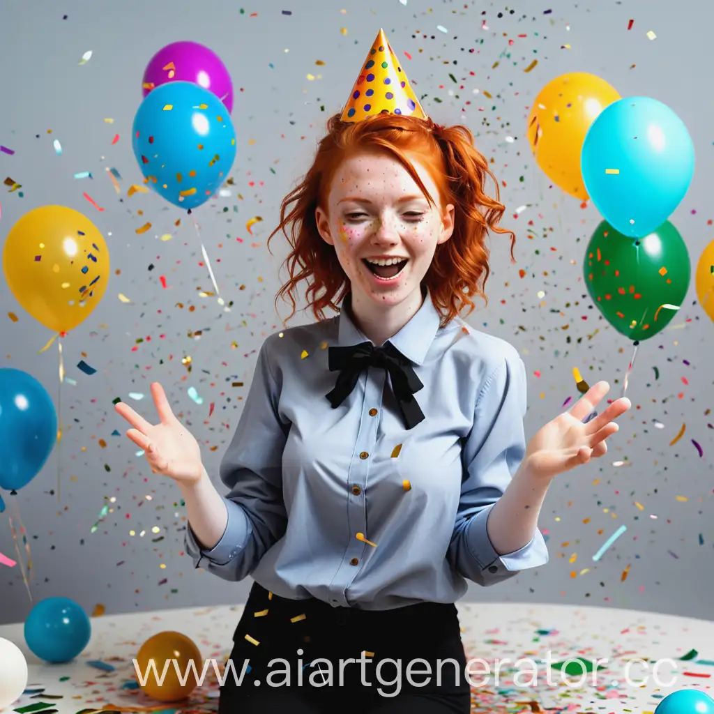 Поздравить С днем рождения женщину програмиста с рыжими волосами. Вокруг шары и конфети