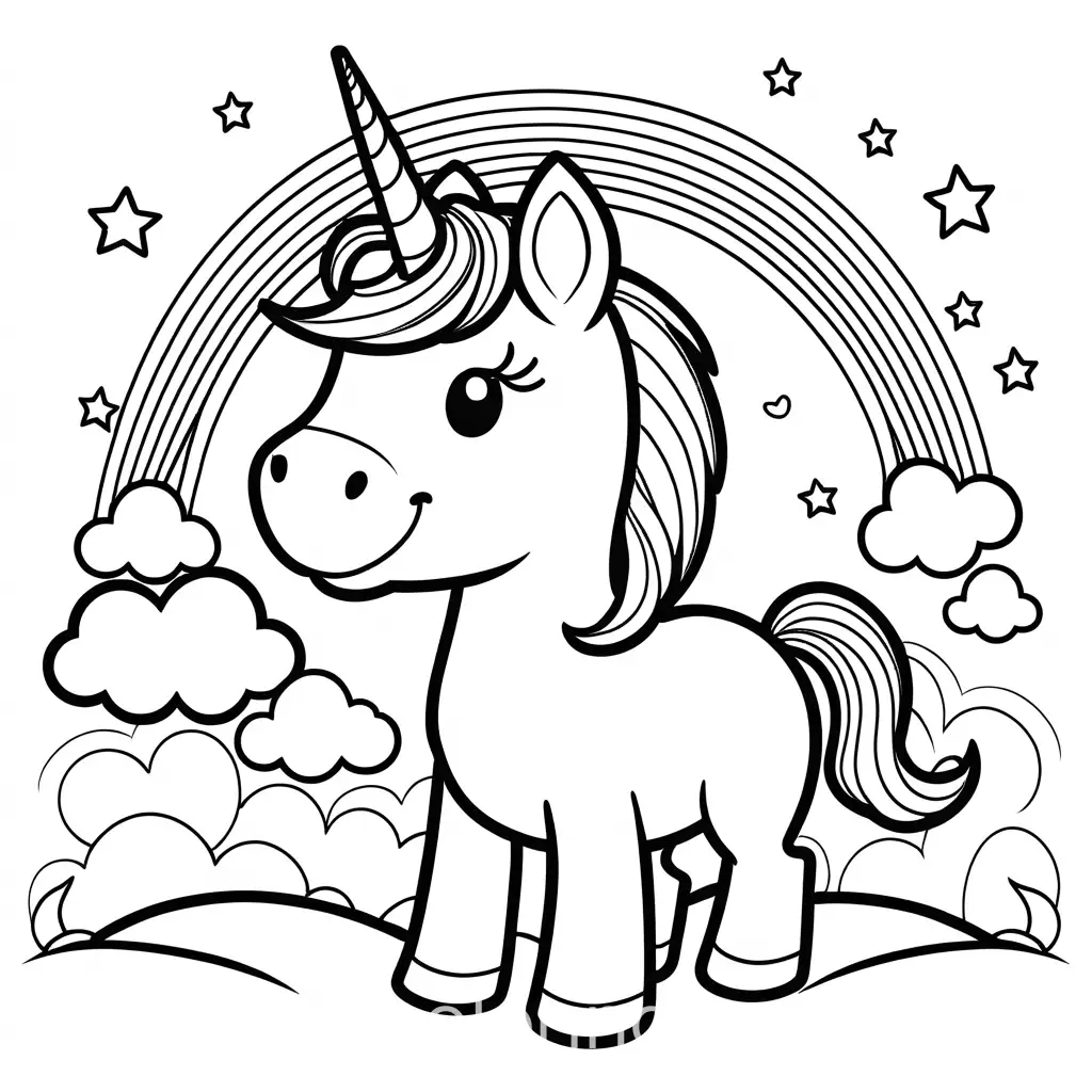 make a  cute unicorn on a rainbow, Coloring Page, black and white, line art, white background, Simplicity, Ample White Space. The background of the coloring page is plain white to make it easy for young children to color within the lines. The outlines of all the subjects are easy to distinguish, making it simple for kids to color without too much difficulty