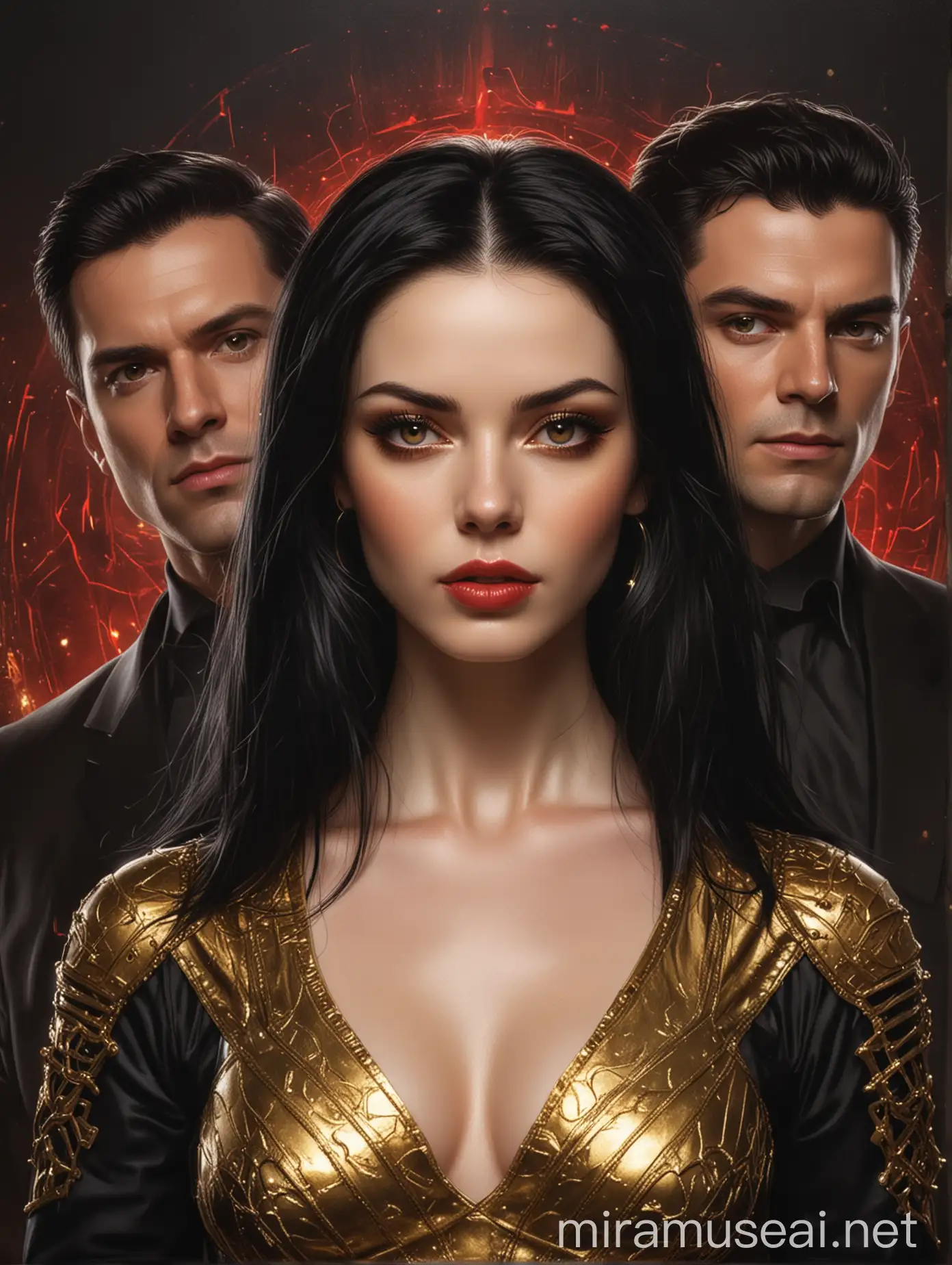 The subject of the portrait is a woman with pale skin and a flawless physique and a handsome that has flawless pale skin. The woman have long, lustrous black hair that shines brightly and the woman is wearing a captivating black agent outfit while the man on her side is wearing black and gold agent outfit and the man should have short regulation-cut black hair. The image should prominently highlight their gold eyes. The background should be dark while there are a lot of red lasers.