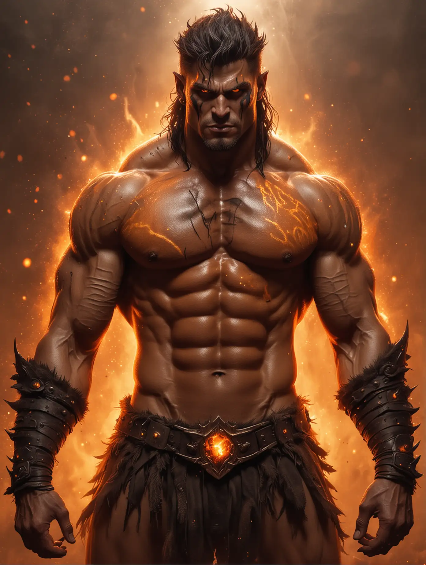 Barbarian Alien Muscular Man with Orange Flames and Gold Sparks