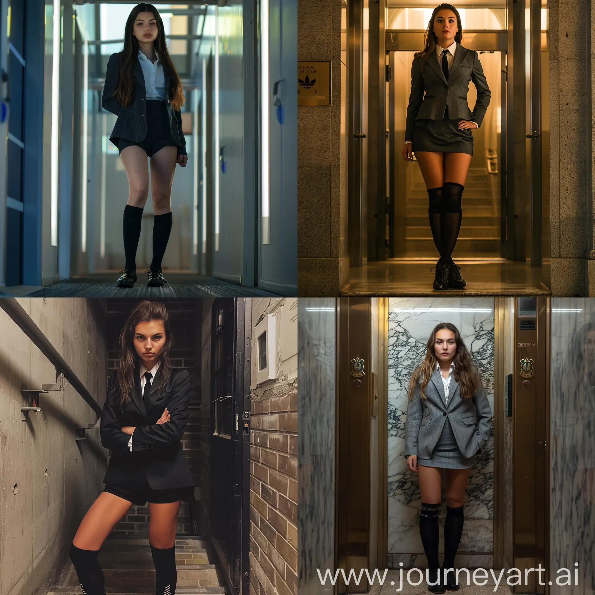 (18 y.o. extreme muscular female with no makeup and natural skin pores in a formal office suit jacket and short suit skirt and adidas black overknee socks and formal shoes) in a entrance to office
