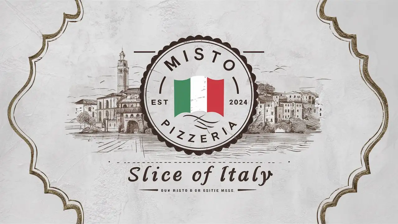 Misto Pizzeria, Minimalist, Emblem, Edge Decoration, Italian colors , textured White background, EST 2024 , Italy flag, Antique, Slogan Slice of Italy , Sketched Italian City, Ornament, Rustic,