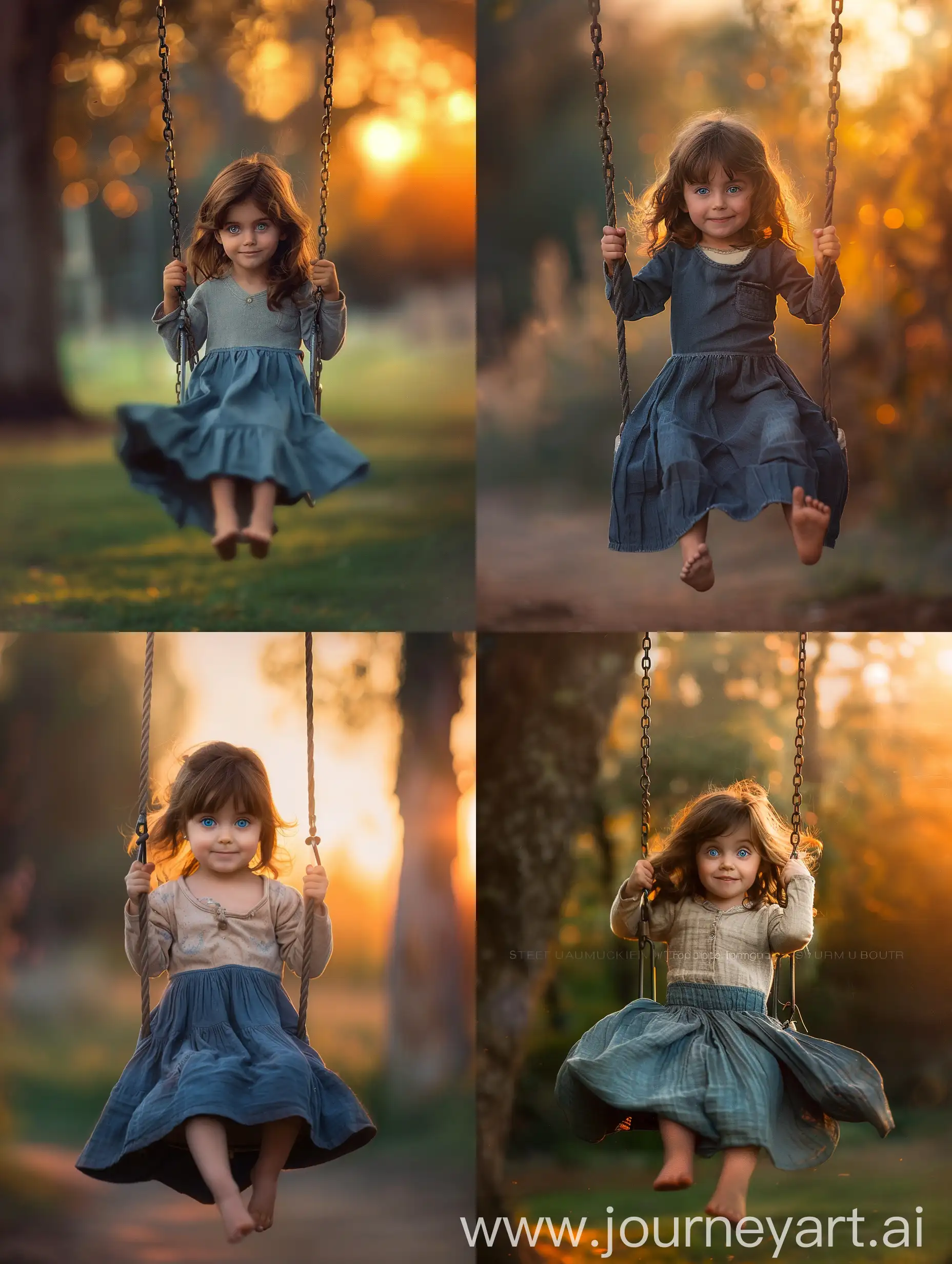 A realistic and highly detailed photo of a child with brown hair, wearing a long blue dress with a skirt, camera from a very distant angle from the subject::4, at sunset, in a park, swinging on a swing, cheerful::3, warm golden light, ((lively atmosphere)), detailed facial expressions, blue eyes::4, --no small legs, --no six fingers, --no abnormal legs, --no irregular teeth, --no ugliness, no abnormal body, dynamic motion, soft bokeh, DSLR camera, 200mm lens, Fujifilm Velvia 50 film, photographed by Steve McCurry, taken from a very distant angle, natural skin texture, (vivid colors), captivating composition, joyful mood, realistic photography, V6, 3:4