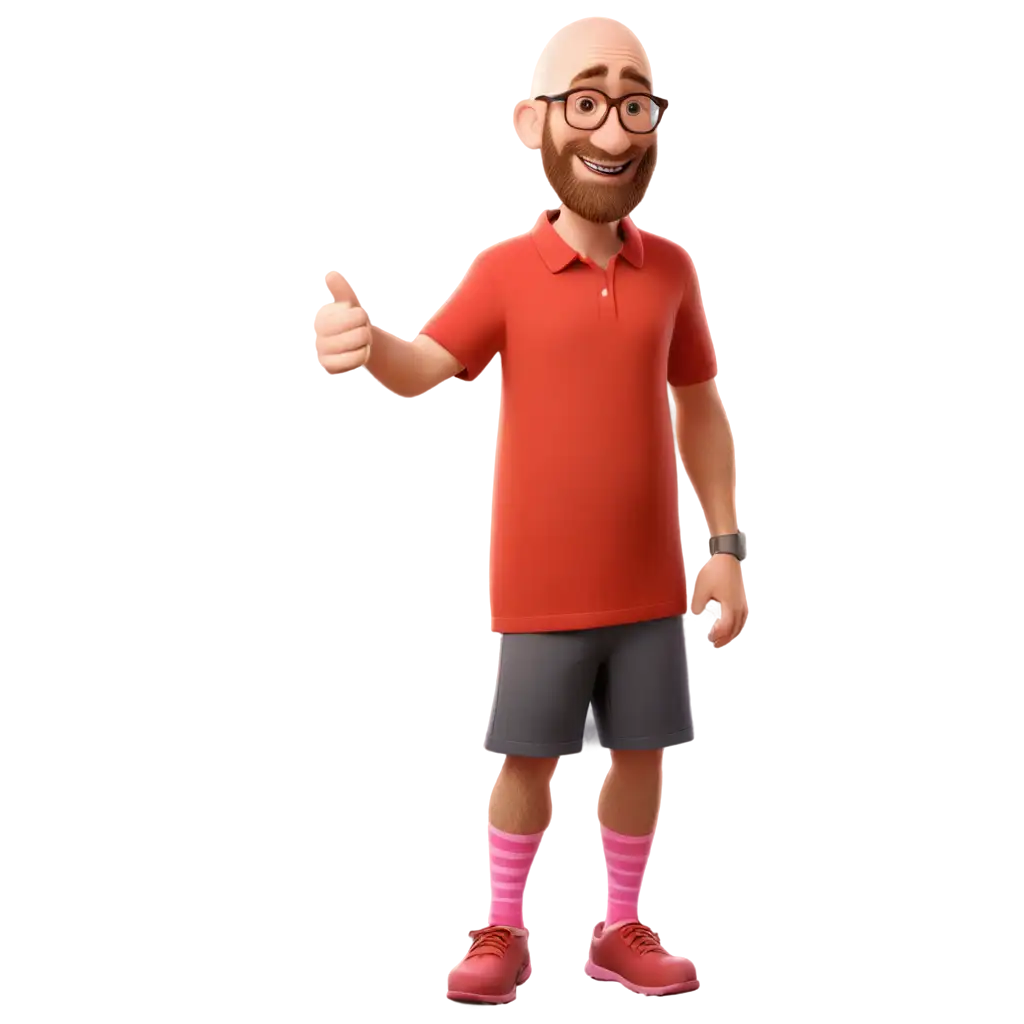 a 36-year-old man, Disney Pixar style, pot-bellied, bald, with glasses and a ginger beard, wearing running shorts, a red shirt with red collars, pink socks and pink slippers, giving a cool sign