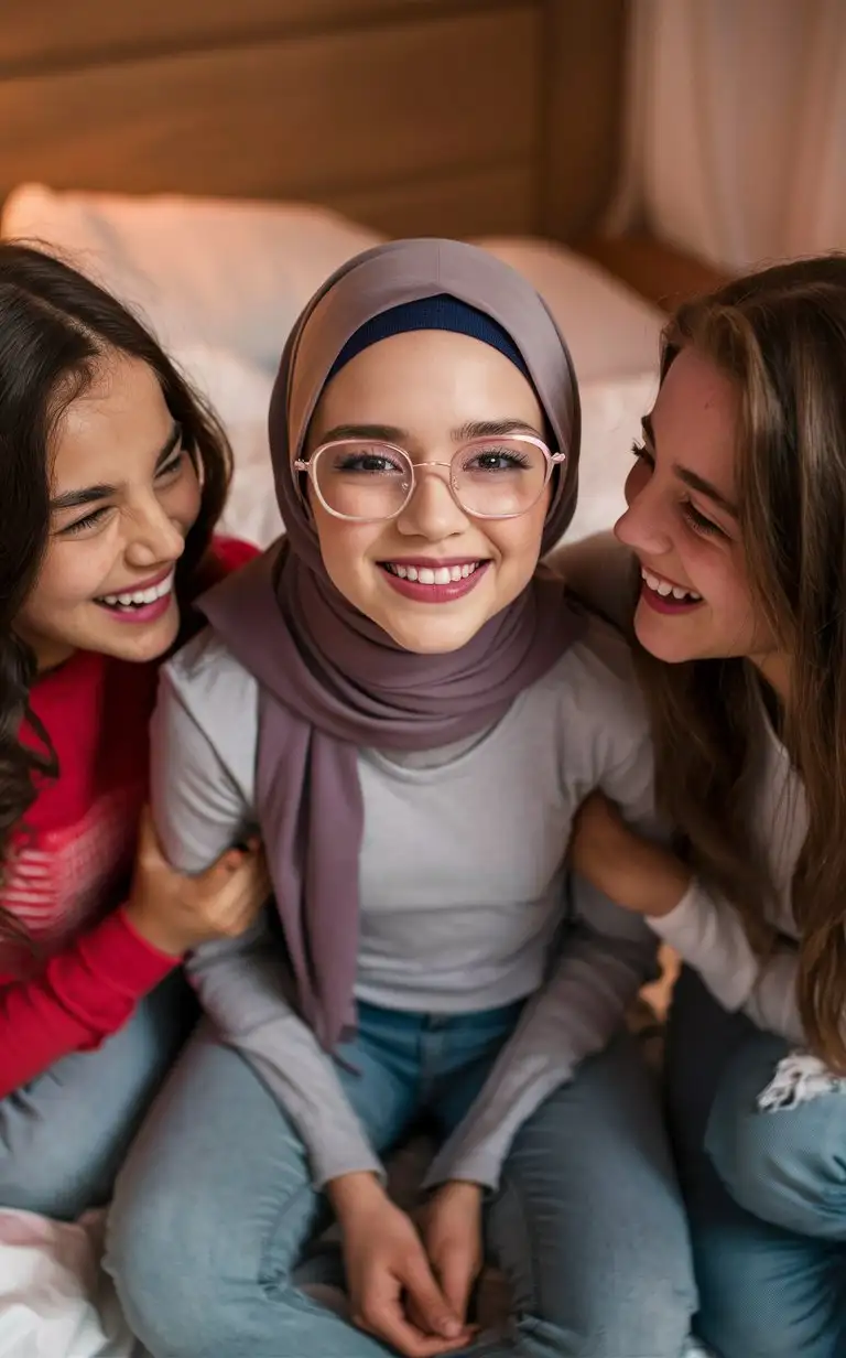 A most beautiful teenage girl.  17 years old. She wears a hijab, skinny shirt,
She is beautiful. She sits on the bed.
petite, plump lips.  Elegant, pretty, glasses. 2 other girls put heads on the girl's shoulder. Bird's eye view
